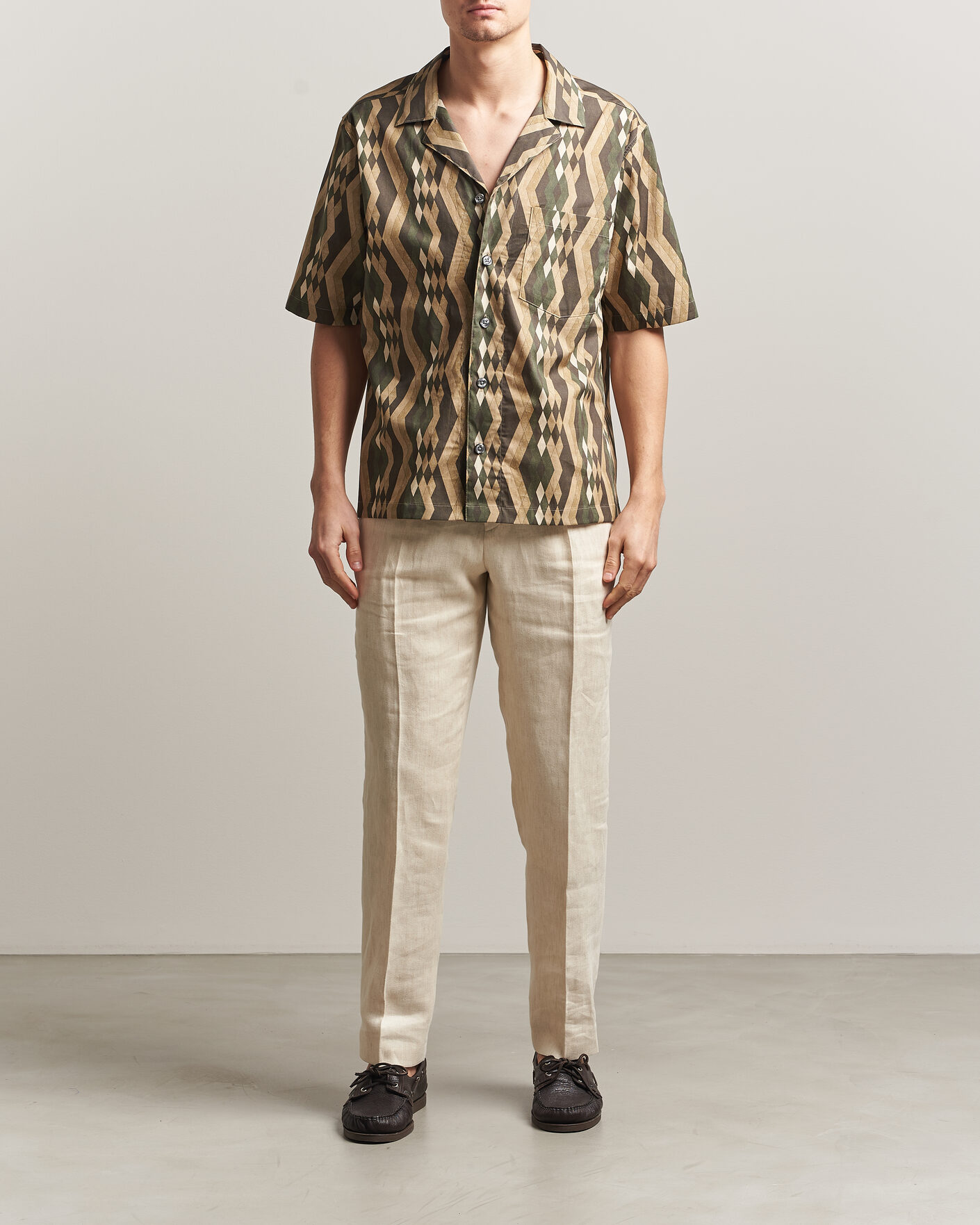 Herre | Skjorter | Oscar Jacobson | Reg Fit Cuban Printed Short Sleeve Shirt Olive