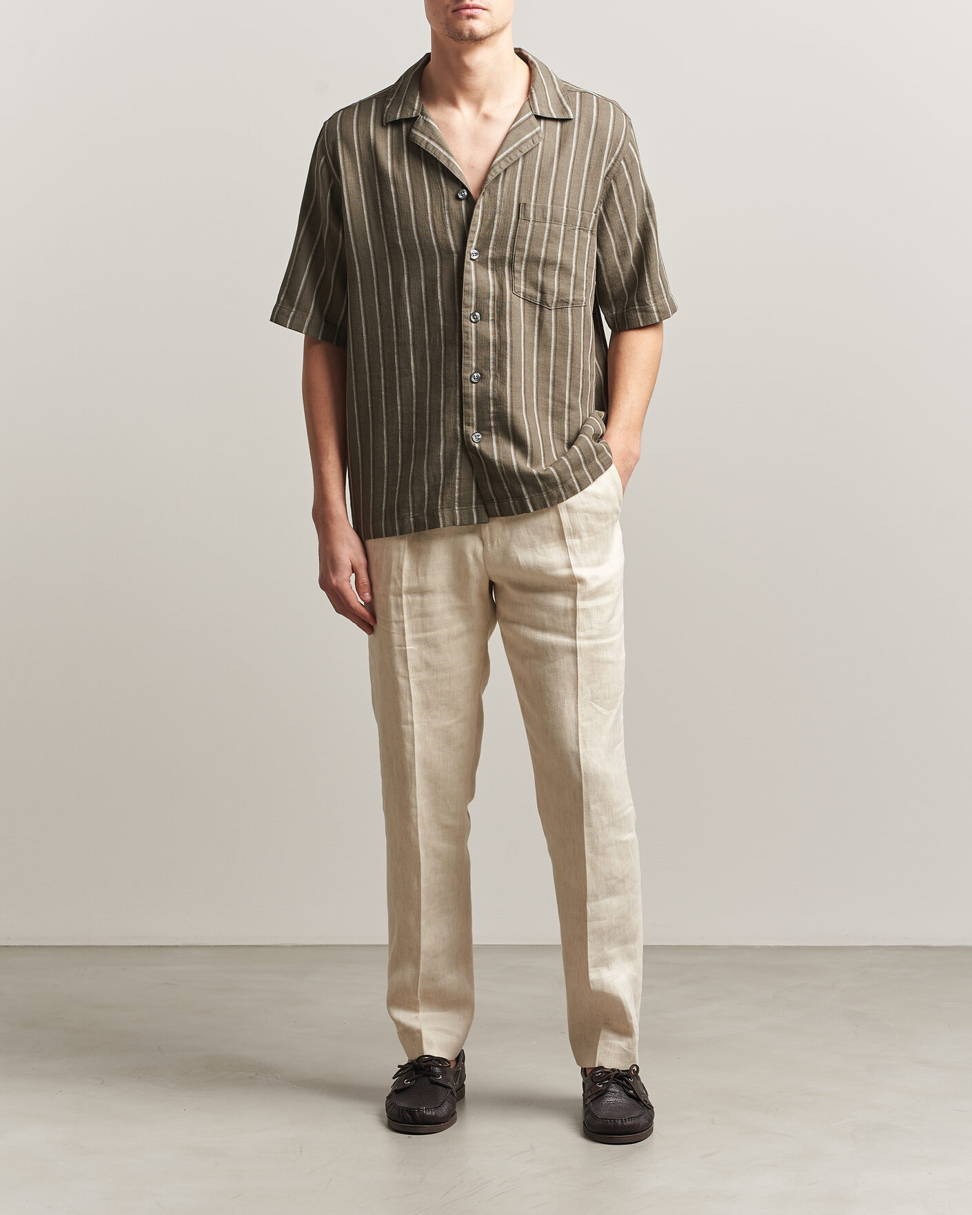 Herre | Skjorter | Oscar Jacobson | Reg Fit Cuban Herringbone Short Sleeve Shirt Green