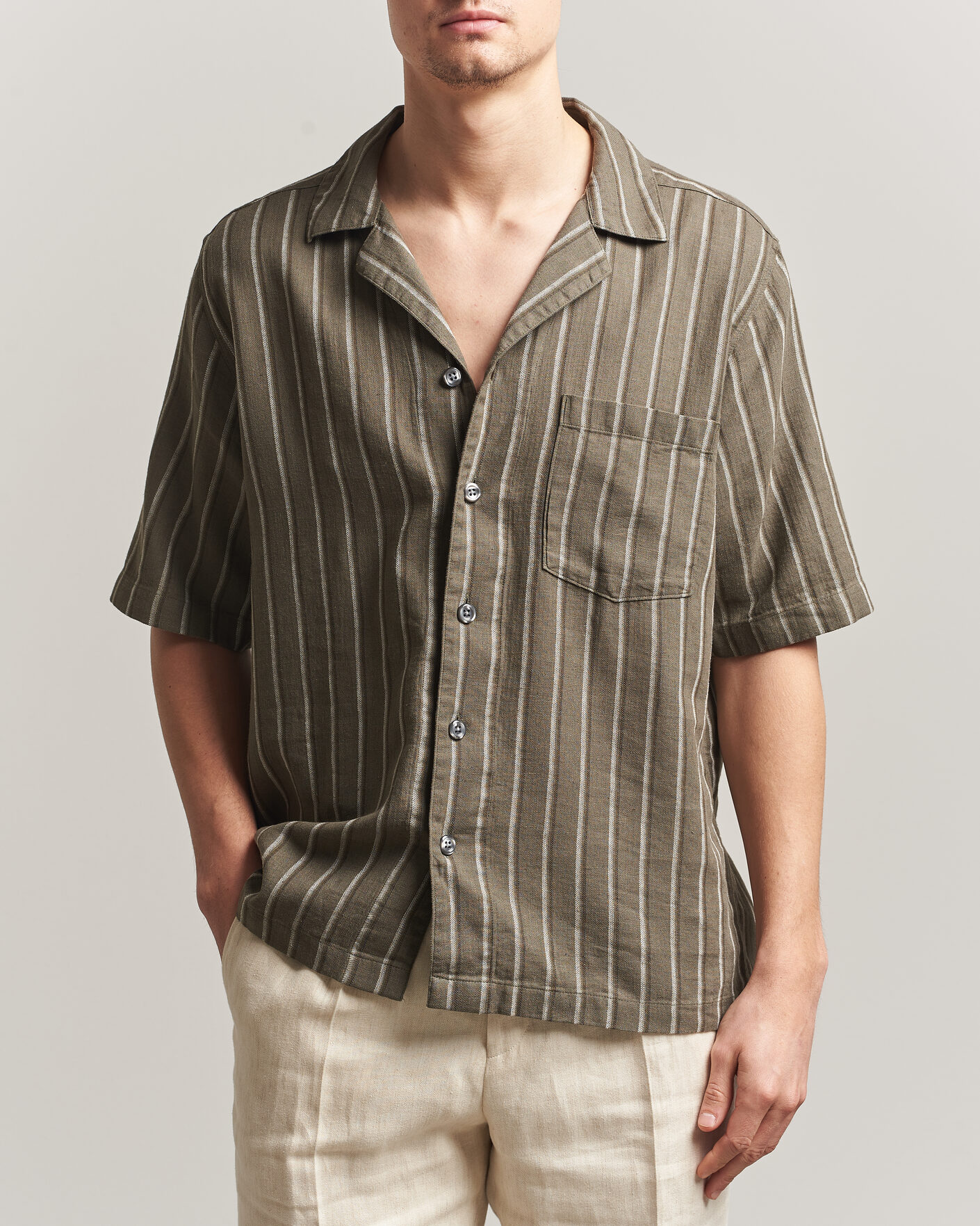 Herre | Skjorter | Oscar Jacobson | Reg Fit Cuban Herringbone Short Sleeve Shirt Green