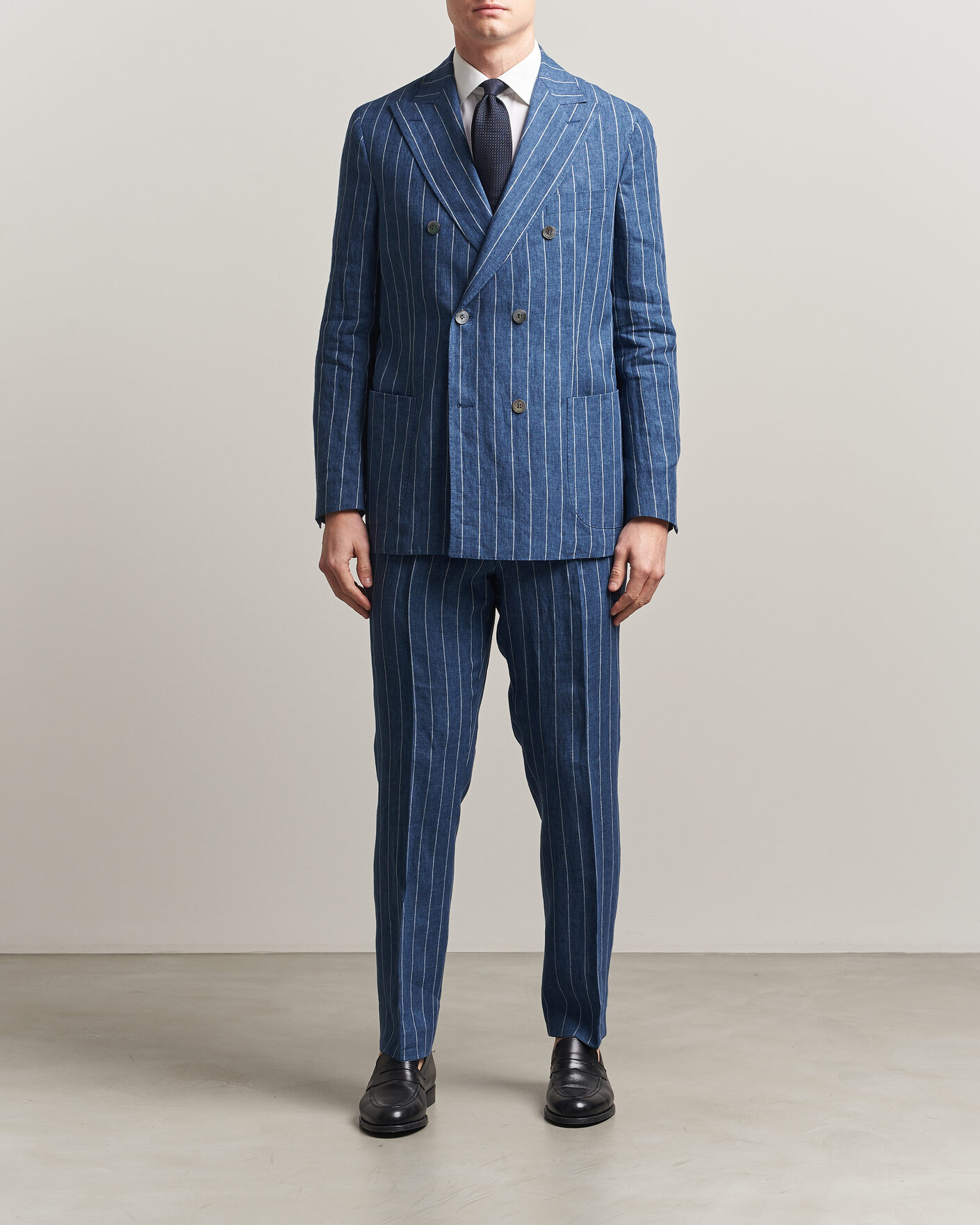 Herre | Bukser | Oscar Jacobson | Dandy Striped Linen Trousers Blue