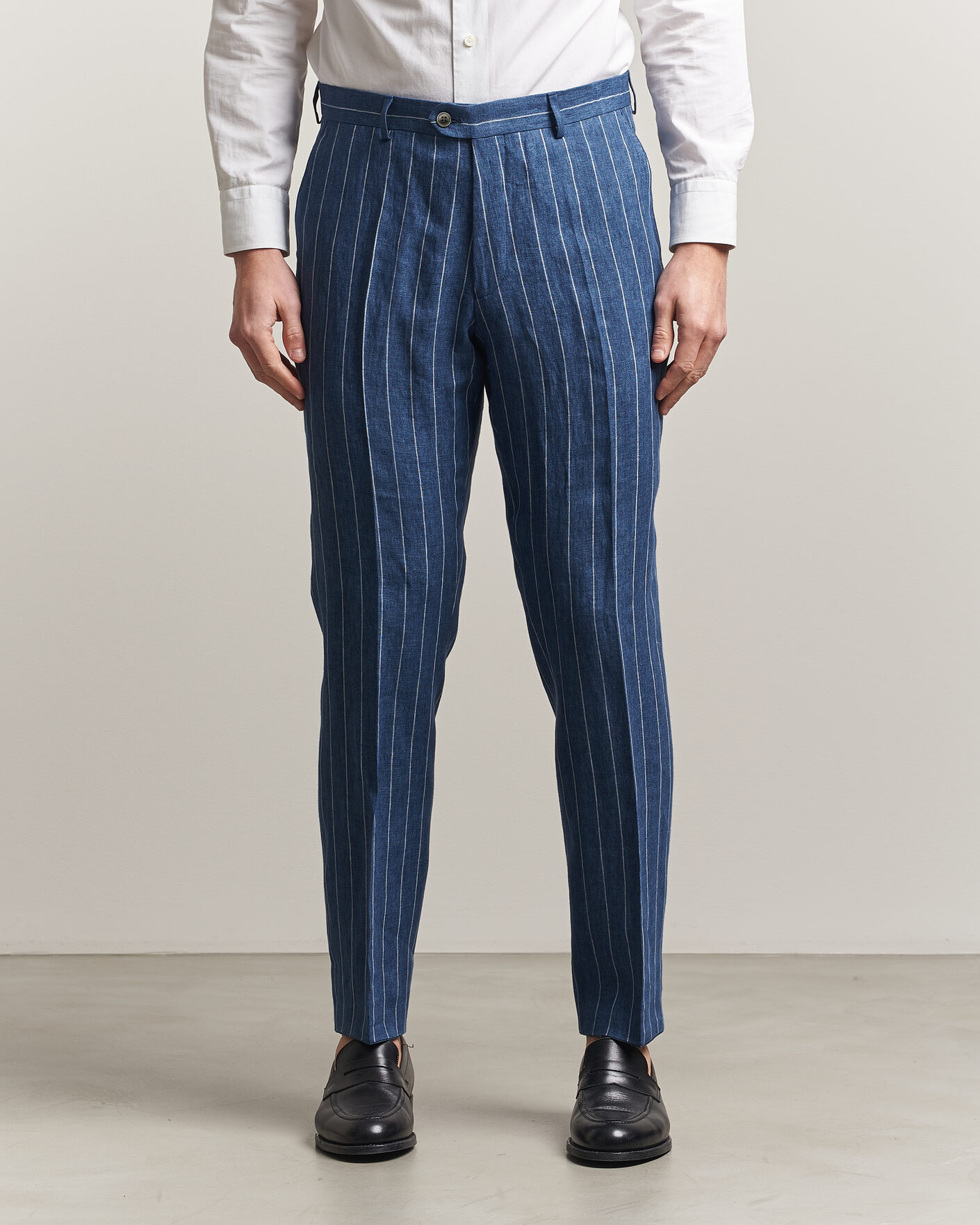 Herre | Bukser | Oscar Jacobson | Dandy Striped Linen Trousers Blue