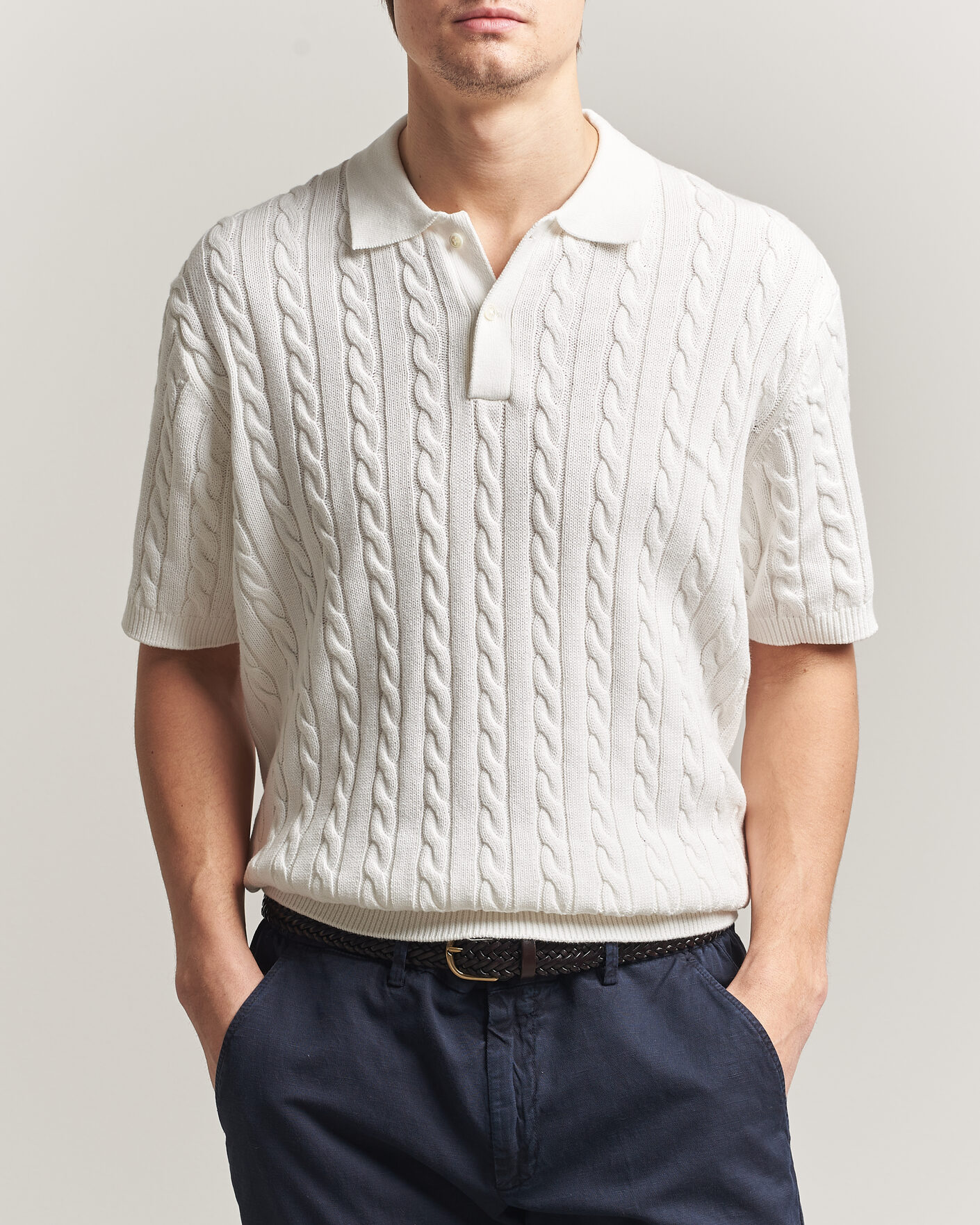 Herre | Polotrøjer | BEAMS PLUS | Short Sleeve Cable Polo White