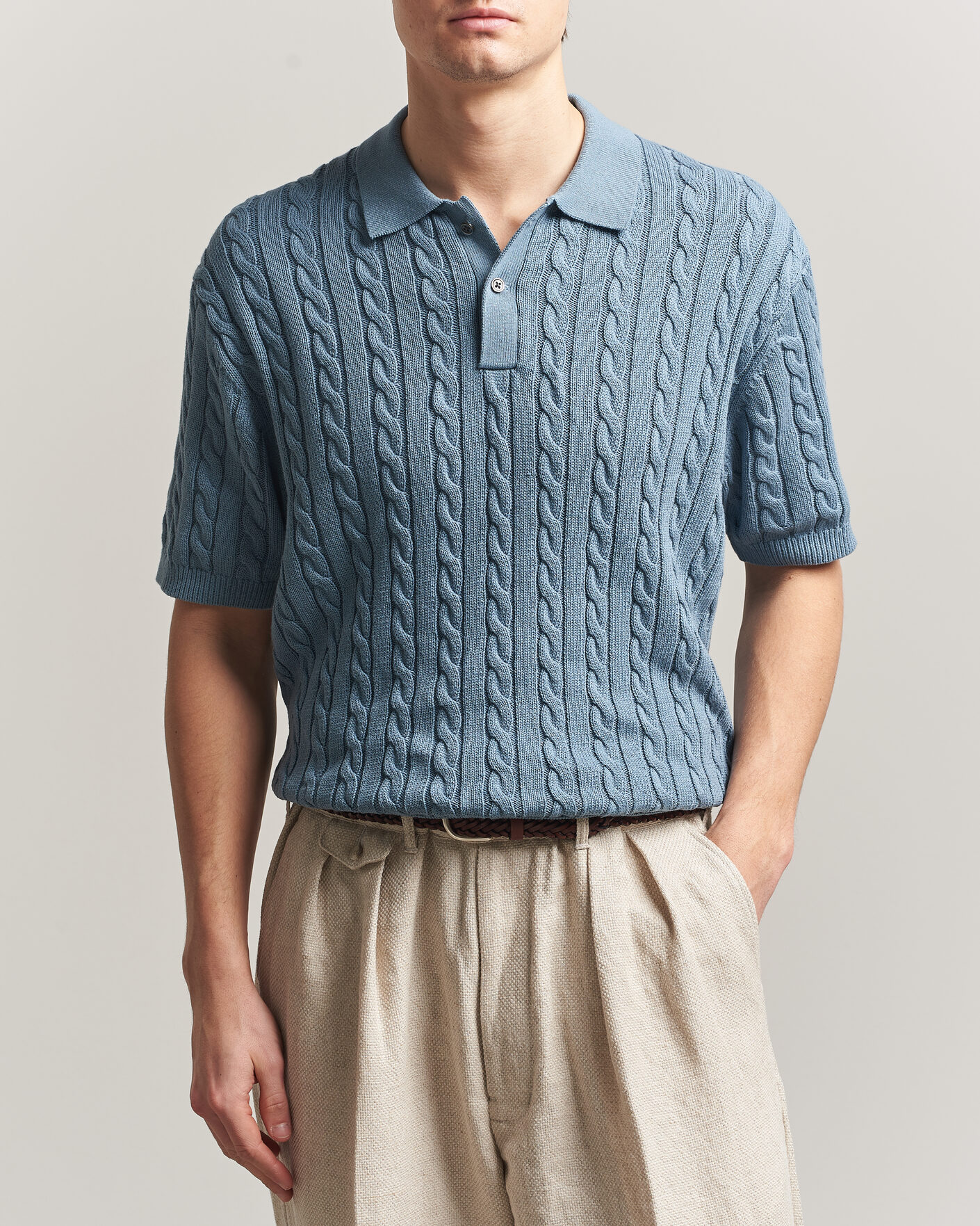 Herre | Polotrøjer | BEAMS PLUS | Short Sleeve Cable Polo Blue