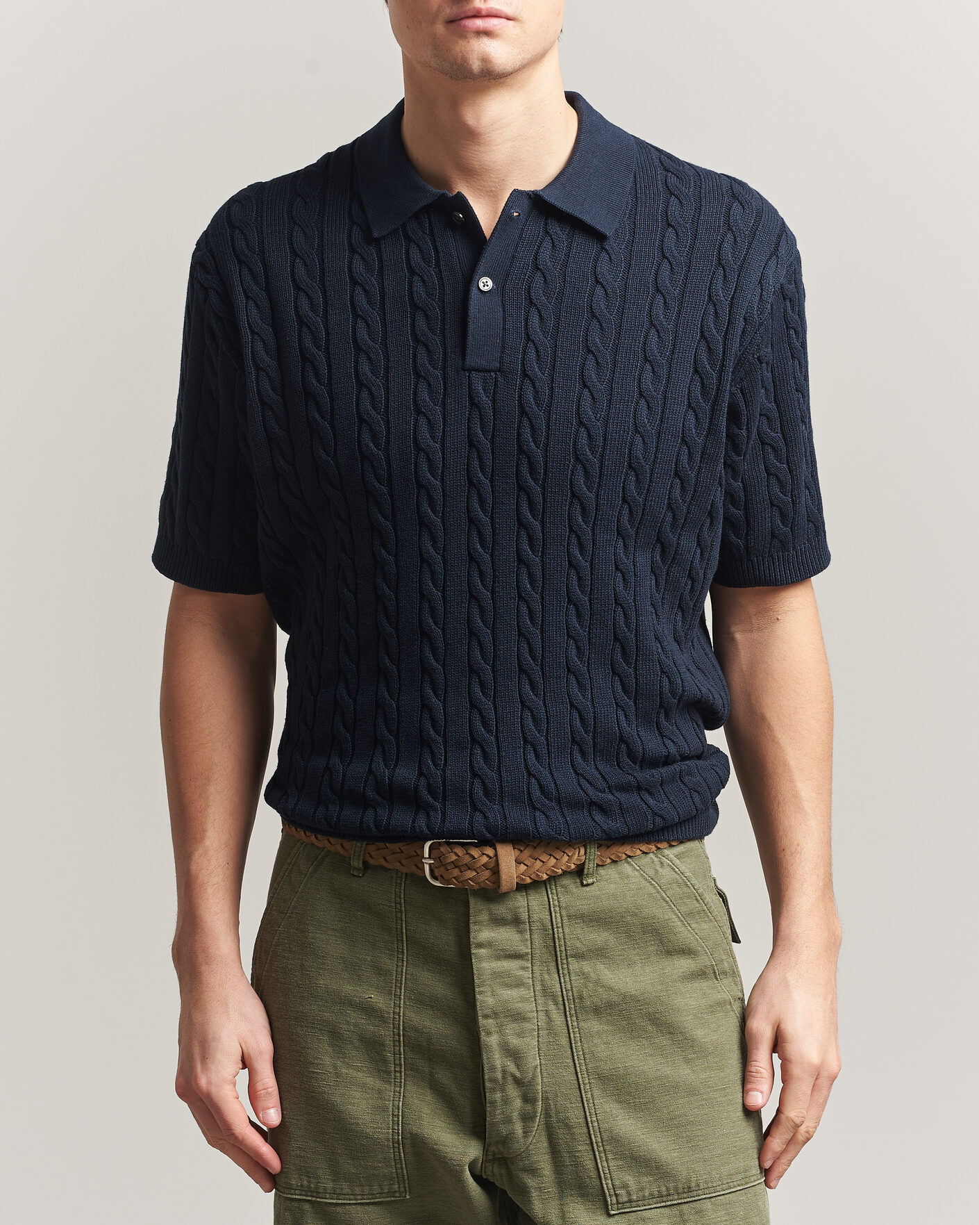 Herre | Polotrøjer | BEAMS PLUS | Short Sleeve Cable Polo Navy