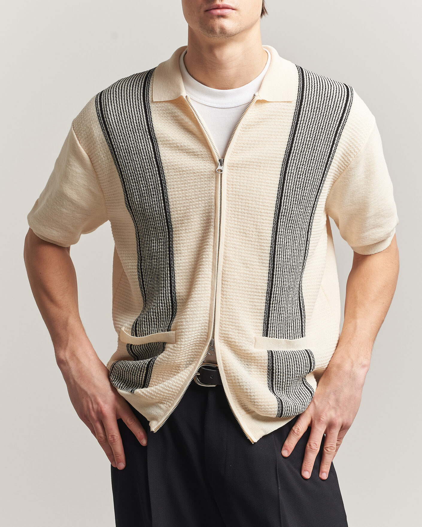 Herre | Polotrøjer | BEAMS PLUS | Zip Knit Striped Polo Off White