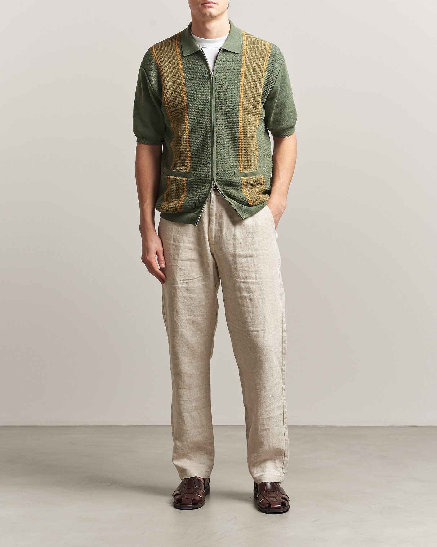 Herre | Polotrøjer | BEAMS PLUS | Zip Knit Striped Polo Olive