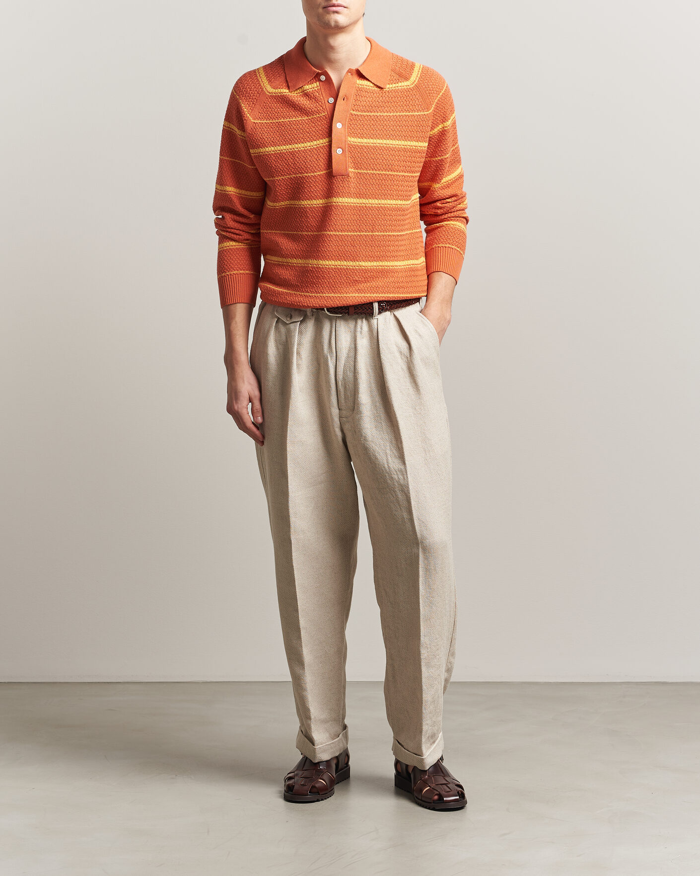Herre | Polotrøjer | BEAMS PLUS | Long Sleeve Knit Polo Orange Stripe