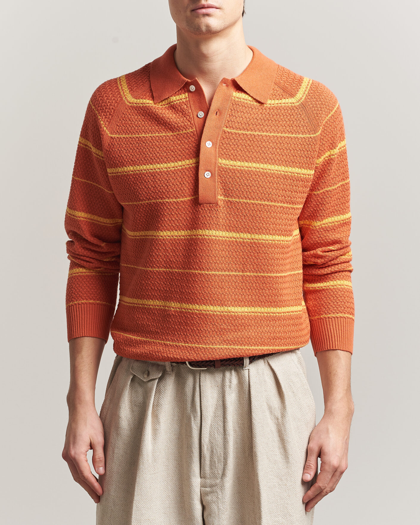 Herre | Polotrøjer | BEAMS PLUS | Long Sleeve Knit Polo Orange Stripe