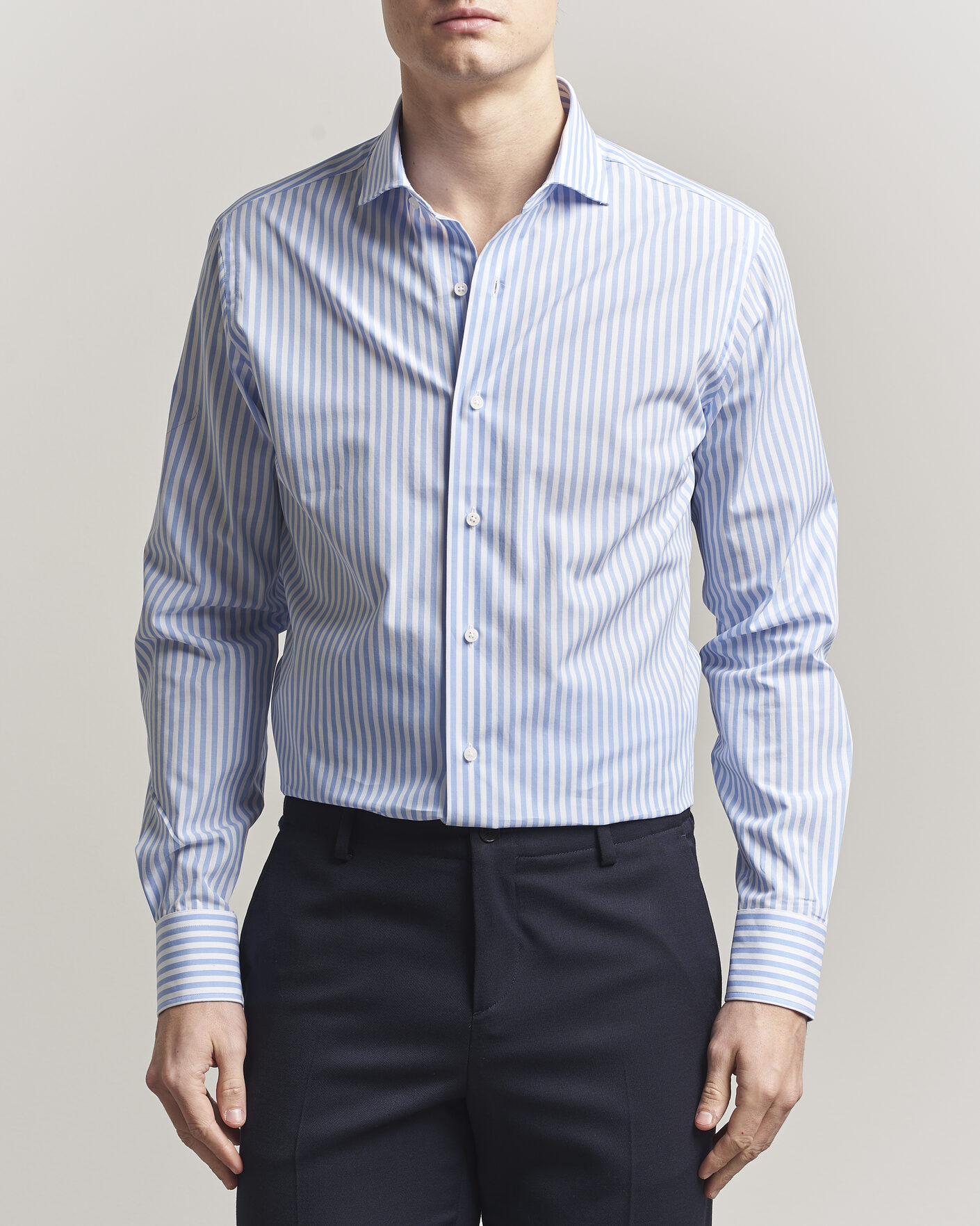 Herre | Skjorter | Grigio | Cotton Poplin Dress Shirt Light Blue Stripe