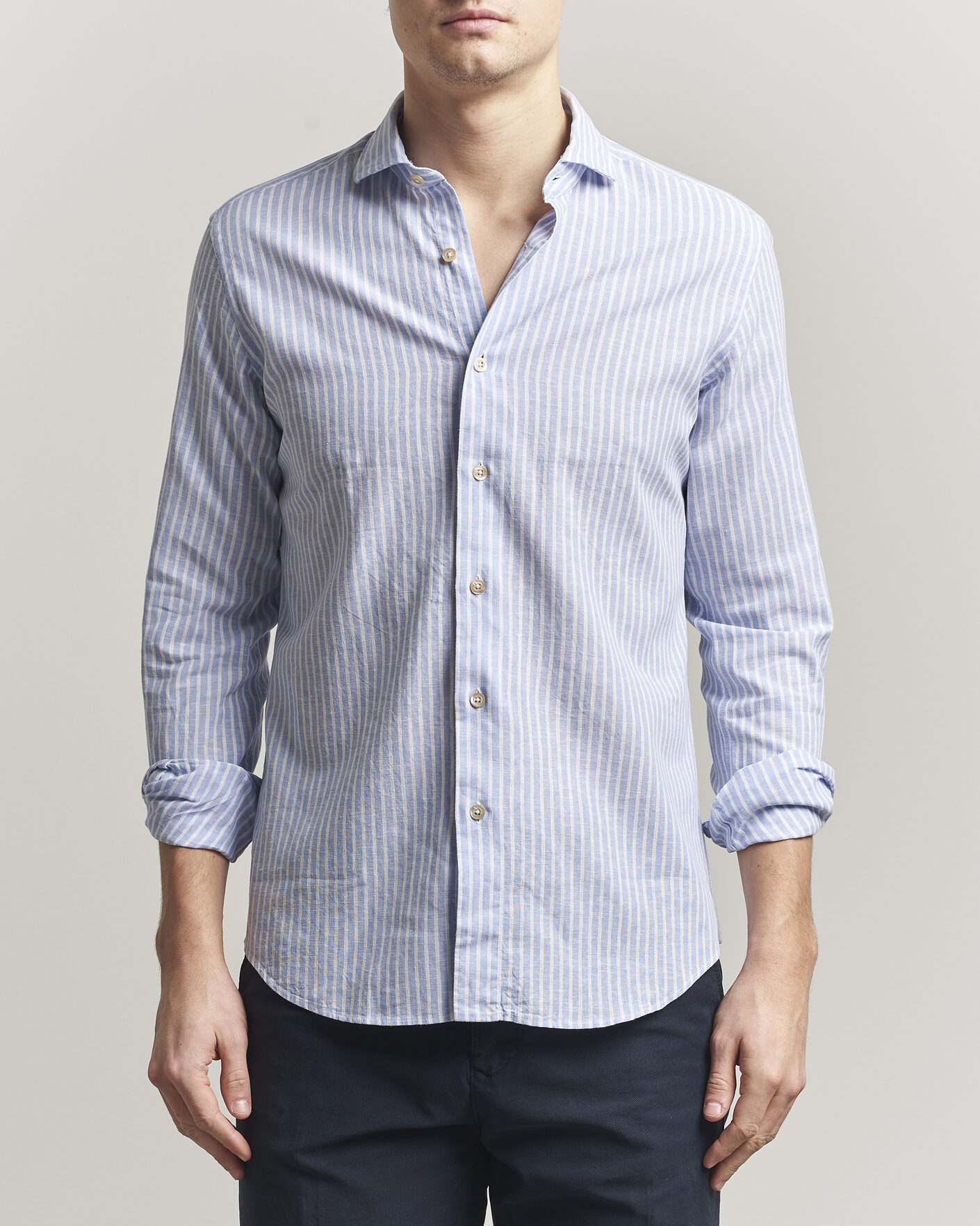Herre | Skjorter | Grigio | Washed Cotton/Linen Shirt Blue Stripe