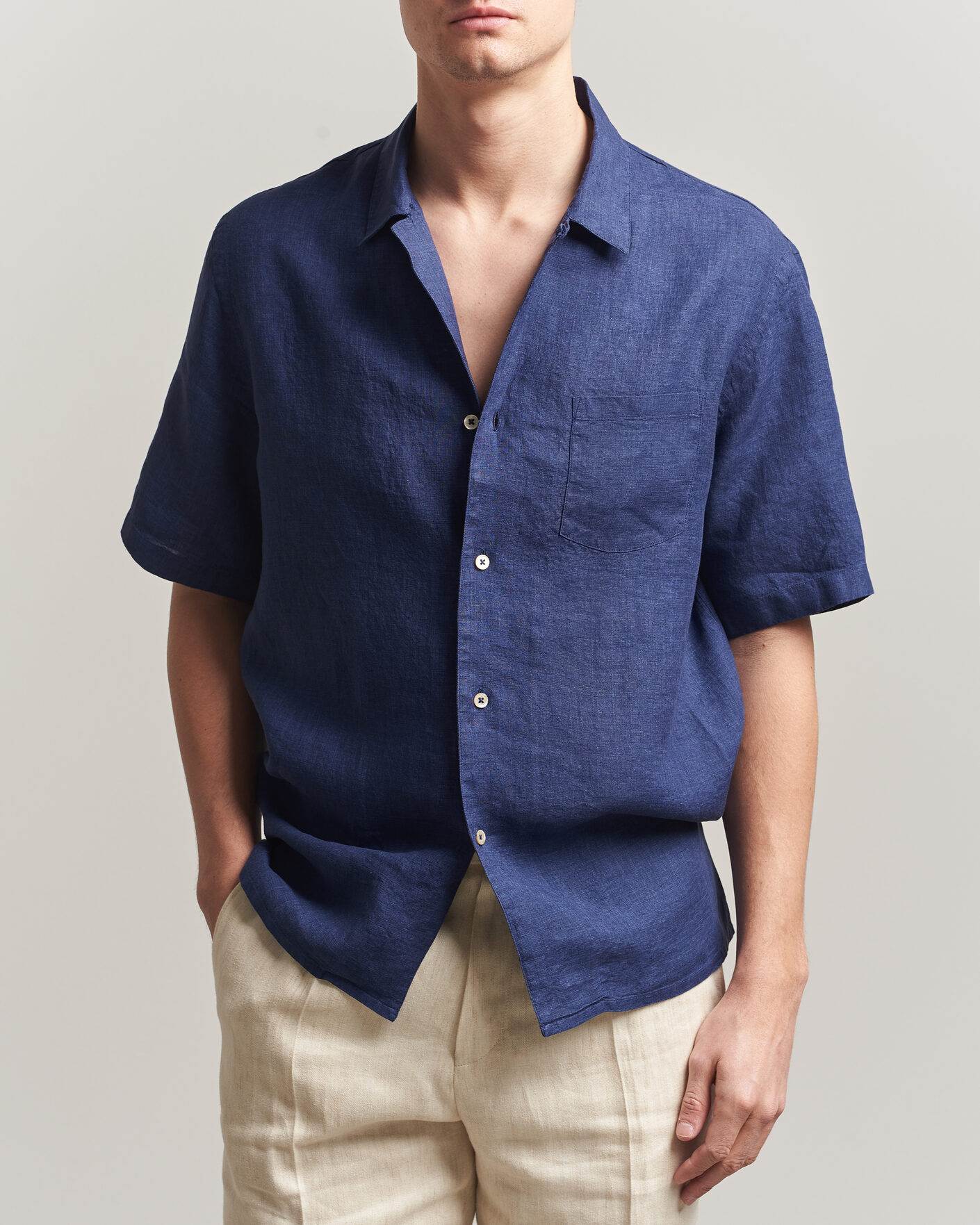 Herre | Skjorter | Grigio | Linen Camp Collar Shirt Navy