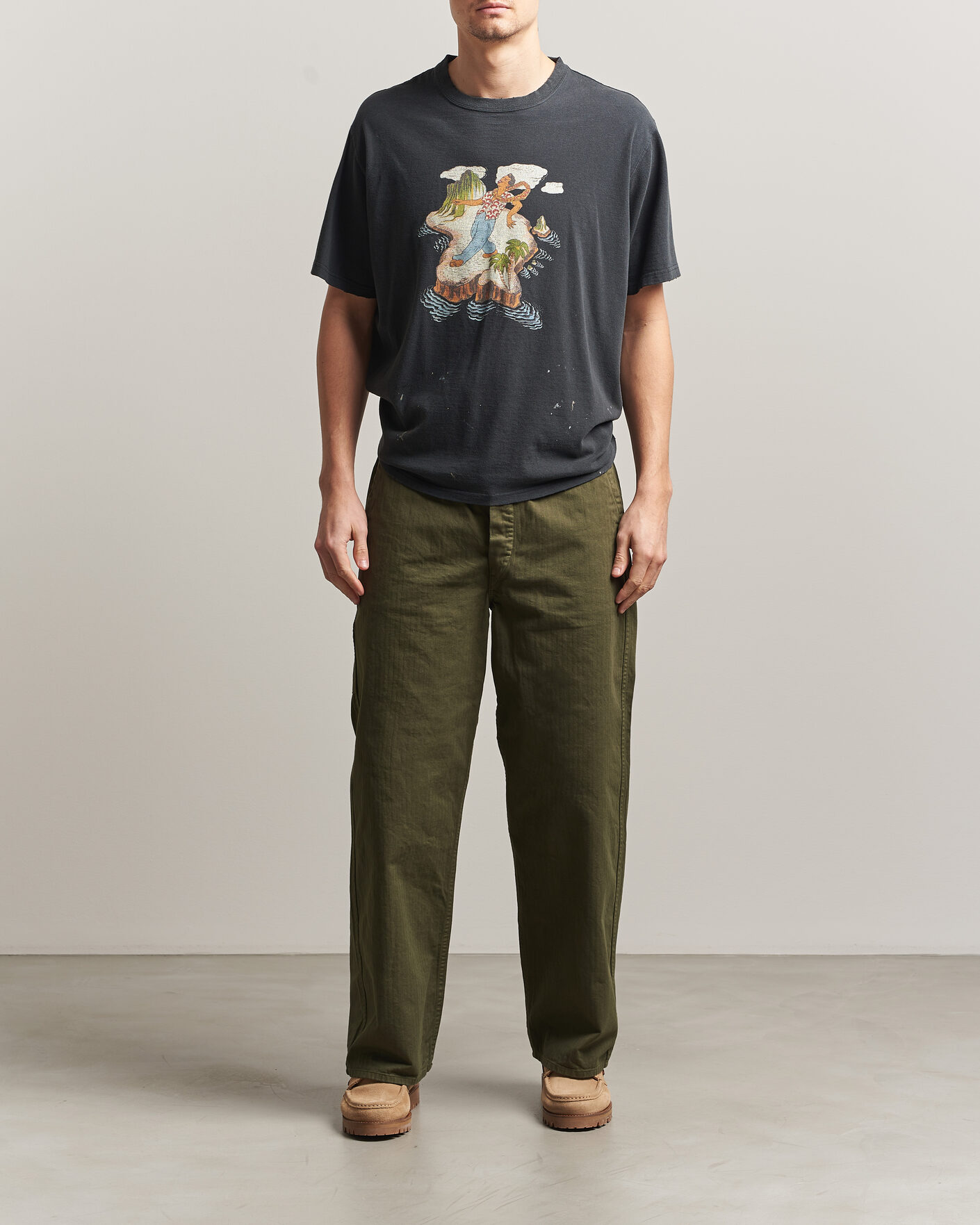 Herre | Bukser | orSlow | Wide Fit French Work Pants Army Green