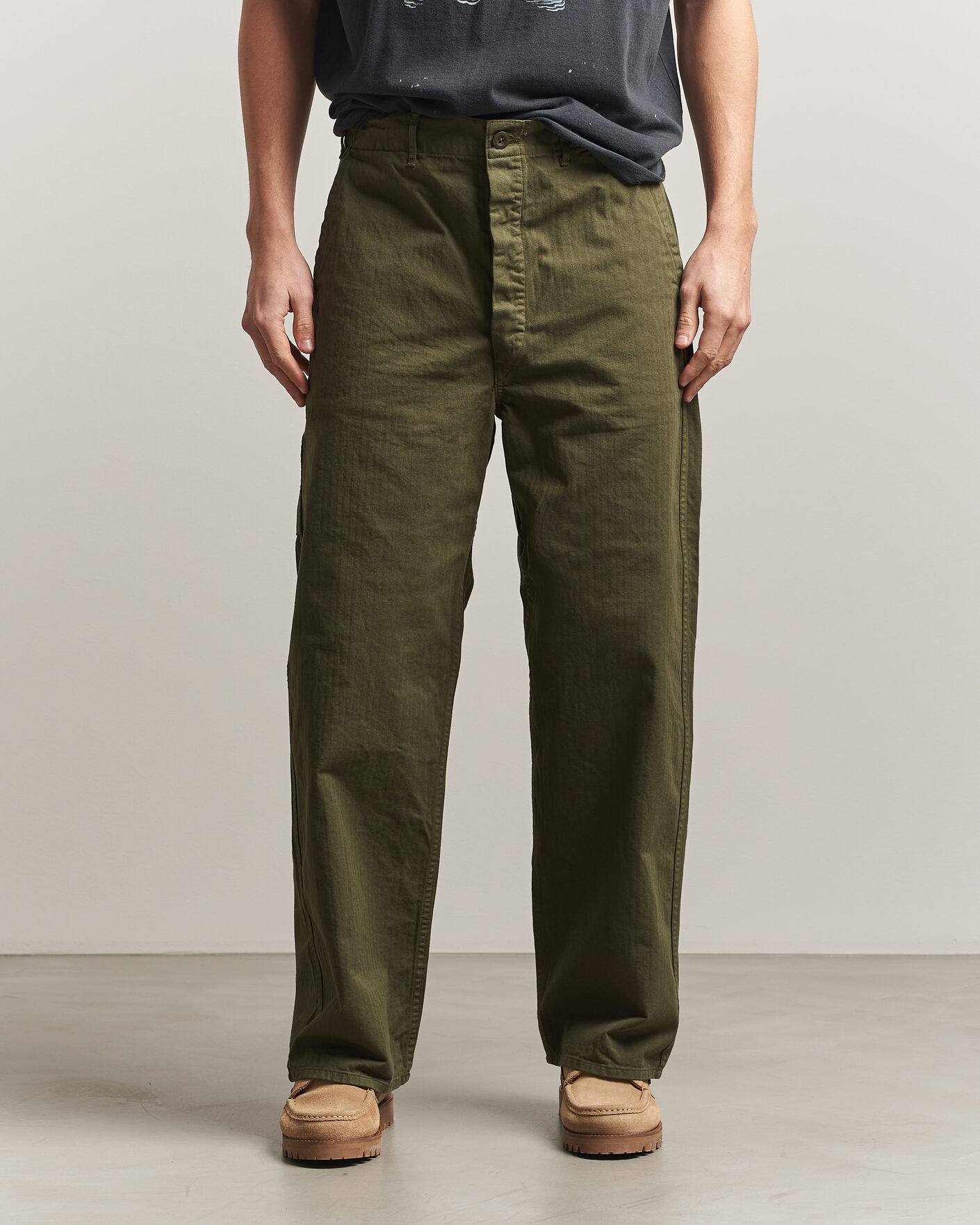 Herre | Bukser | orSlow | Wide Fit French Work Pants Army Green