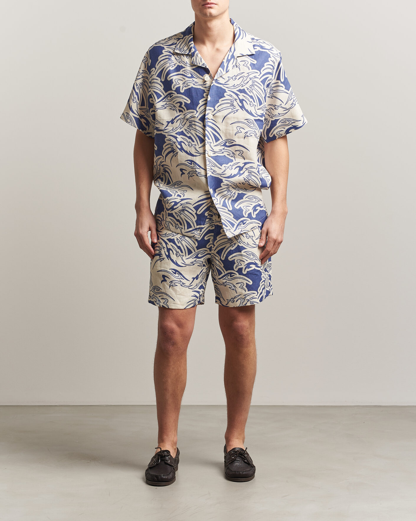 Herre | Skjorter | OAS | Cuba Short Sleeve Printed Linen Shirt Rouge Blue