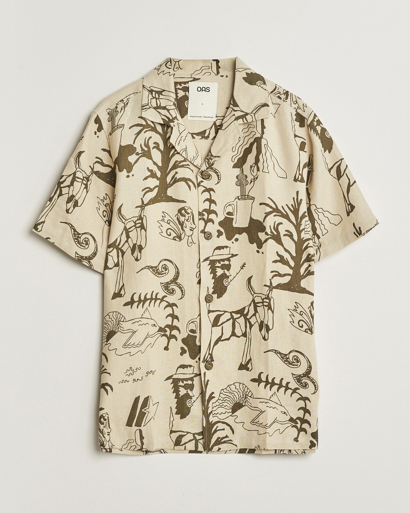 Herre | Skjorter | OAS | Cuba Short Sleeve Printed Linen Shirt Poplan