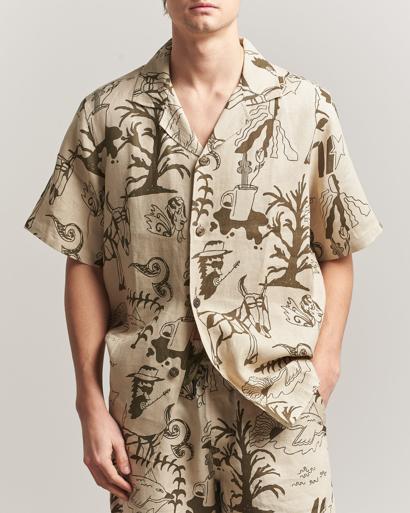 Herre | Skjorter | OAS | Cuba Short Sleeve Printed Linen Shirt Poplan
