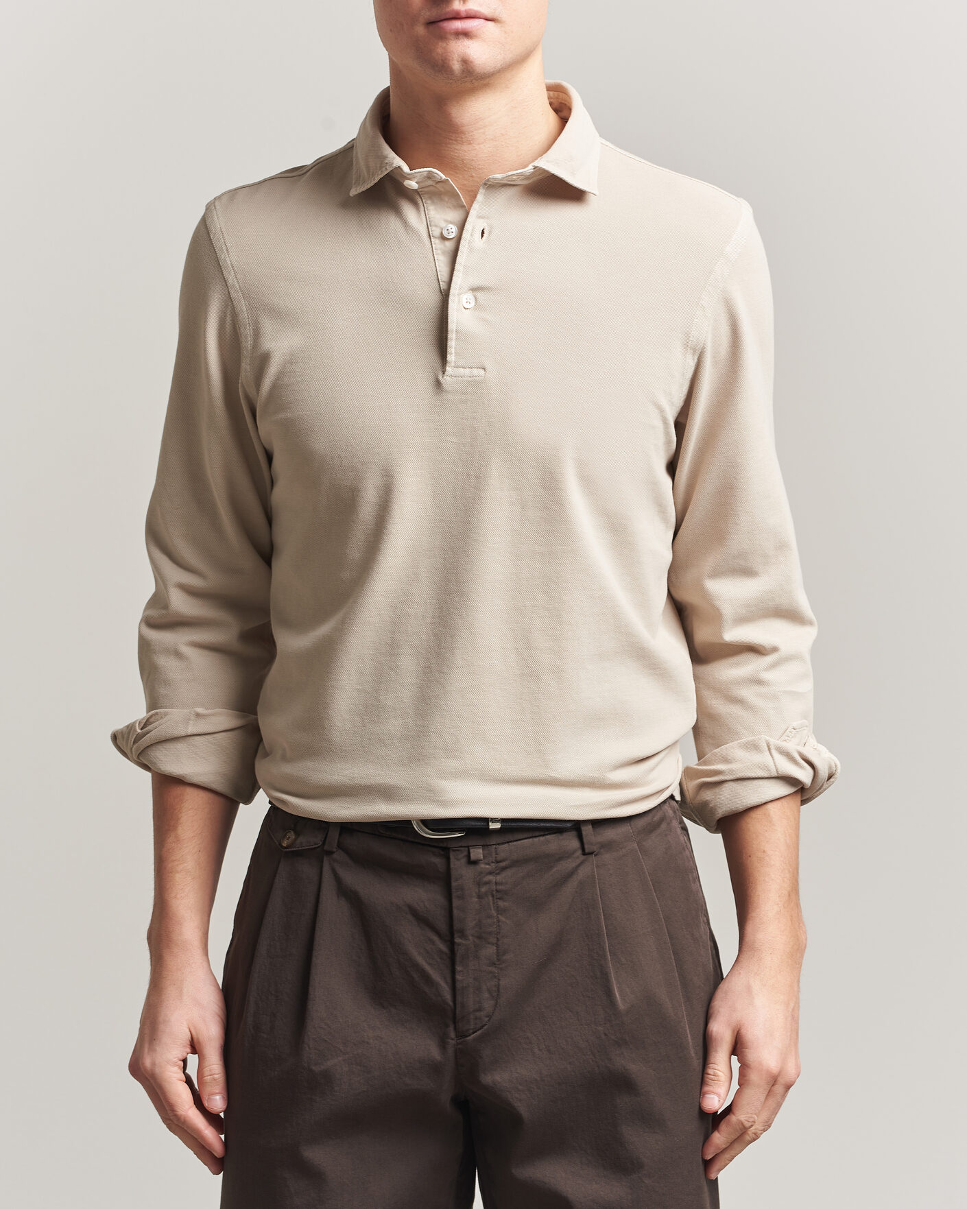Herre | Polotrøjer | Gran Sasso | Washed Long Sleeve Polo Beige Melange