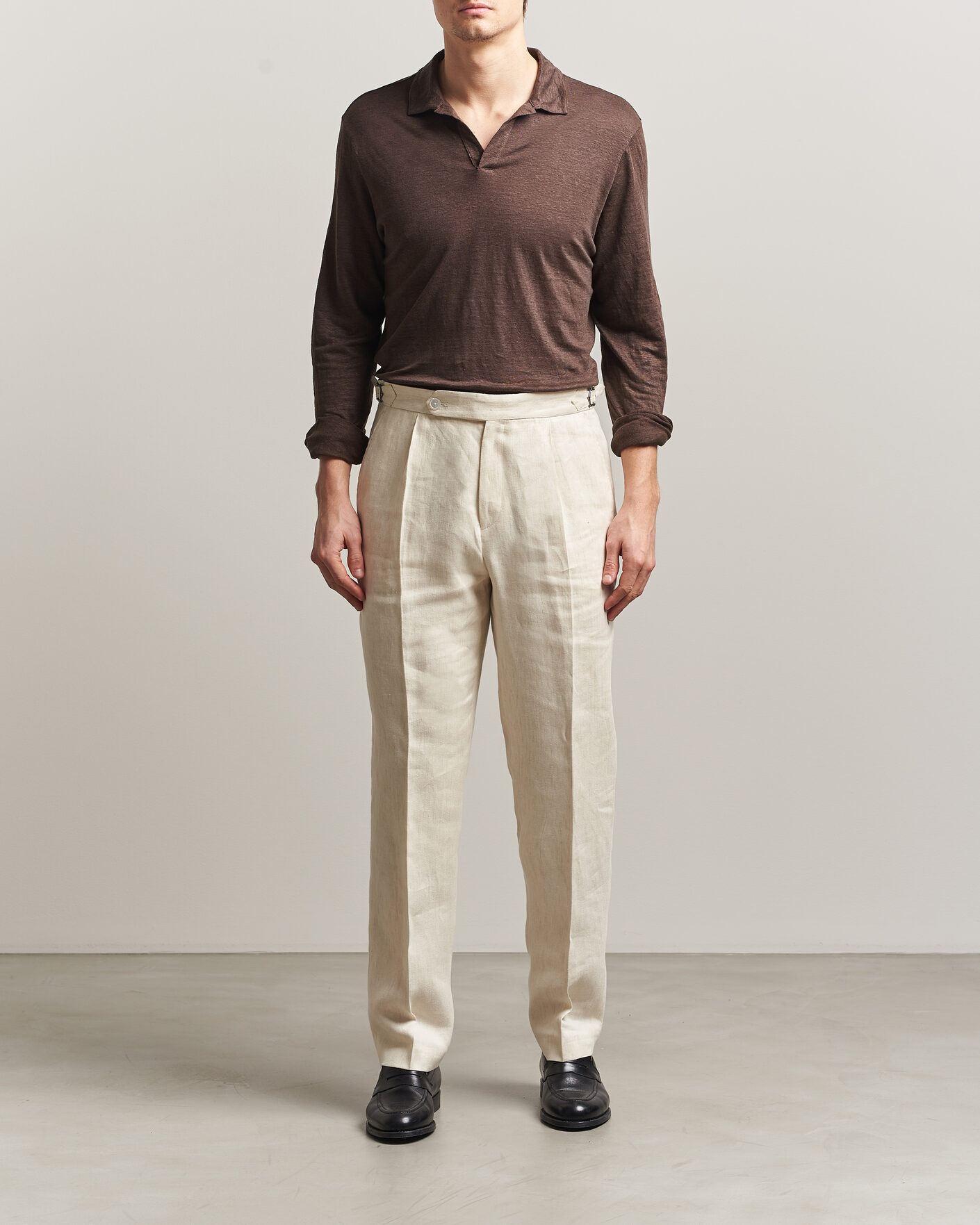 Herre | Polotrøjer | Gran Sasso | Washed Linen Long Sleeve Polo Brown Melange