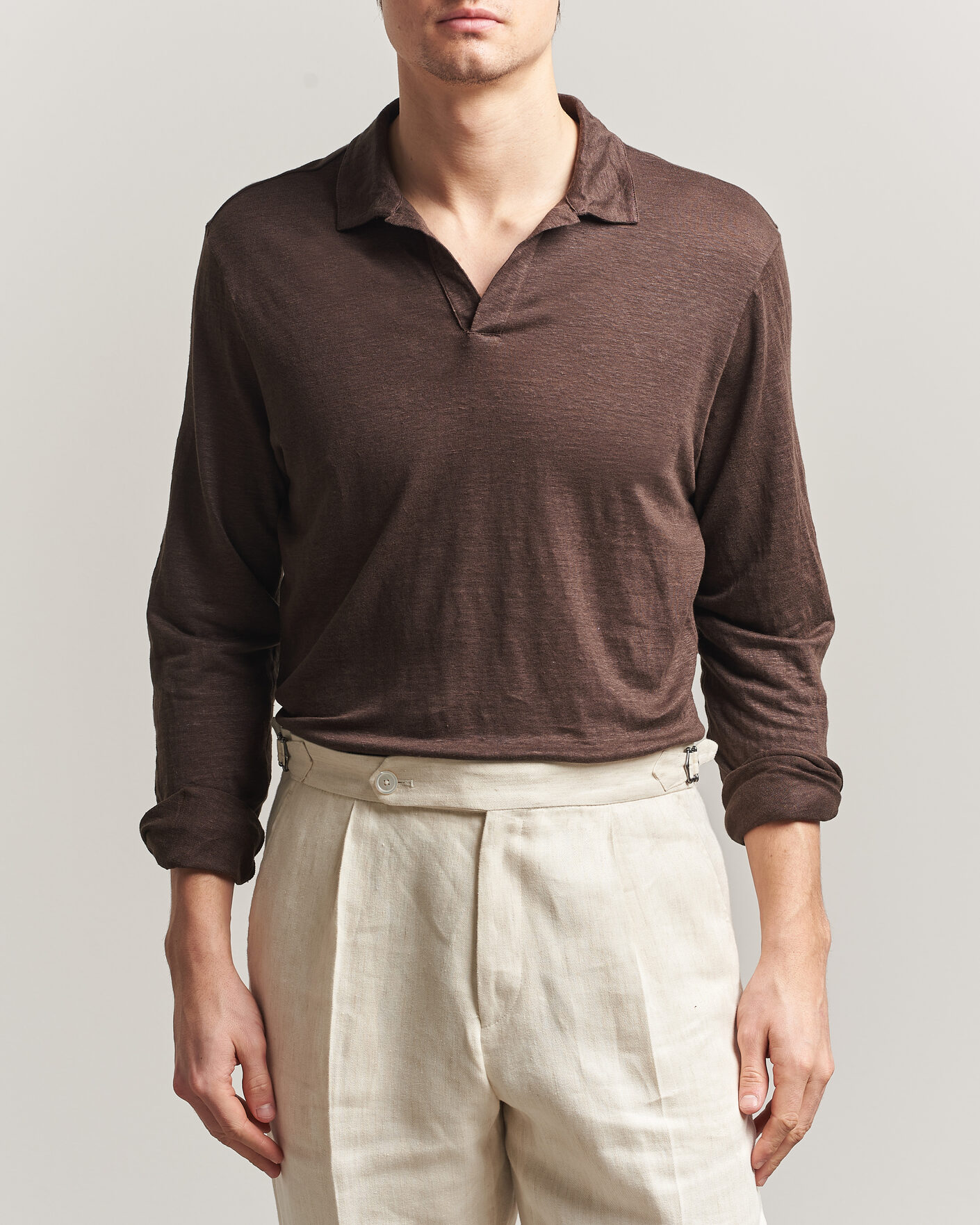 Herre | Polotrøjer | Gran Sasso | Washed Linen Long Sleeve Polo Brown Melange