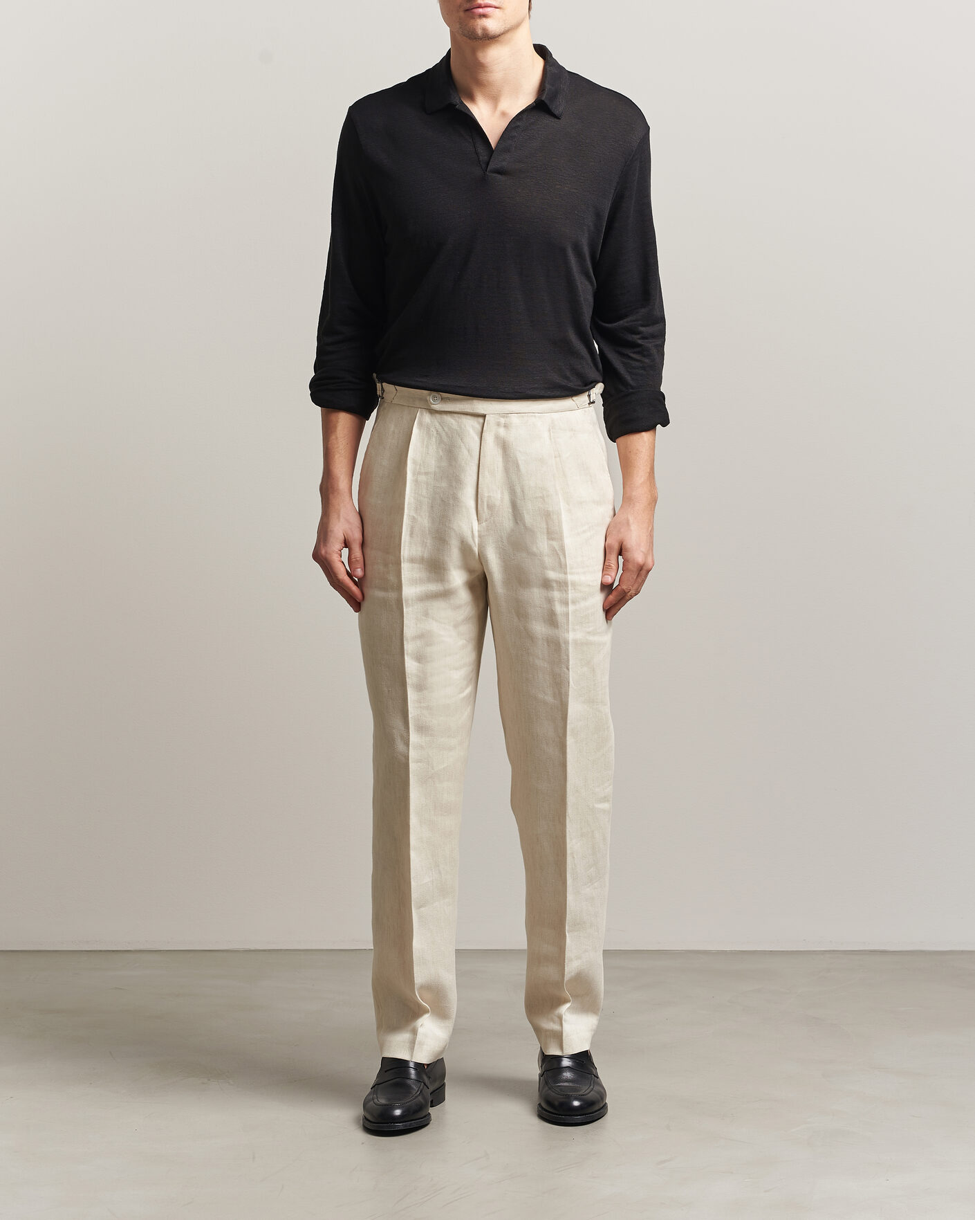 Herre | Polotrøjer | Gran Sasso | Washed Linen Long Sleeve Polo Black