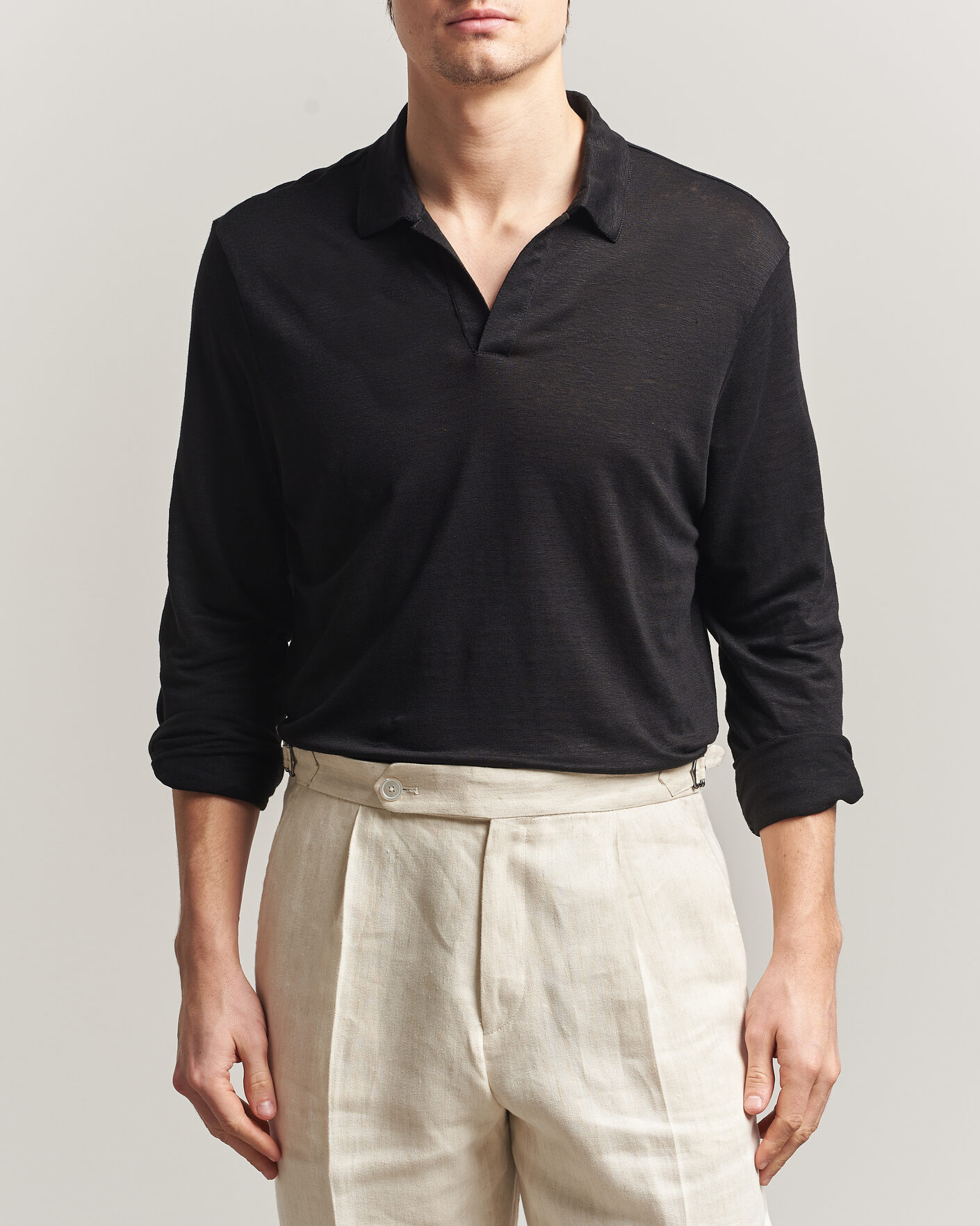 Herre | Polotrøjer | Gran Sasso | Washed Linen Long Sleeve Polo Black