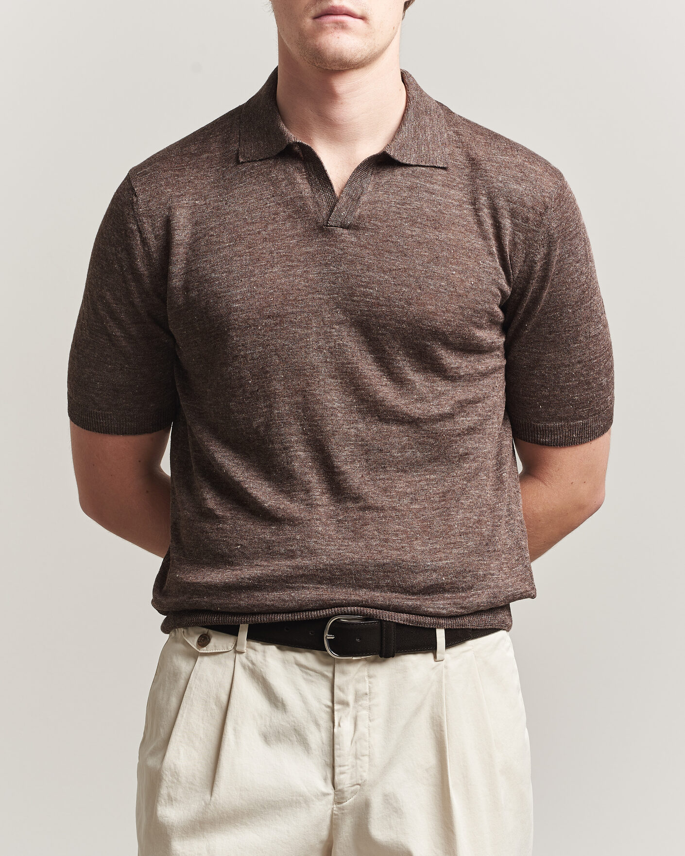 Herre | Polotrøjer | Gran Sasso | Washed Knitted Linen Polo Brown Melange