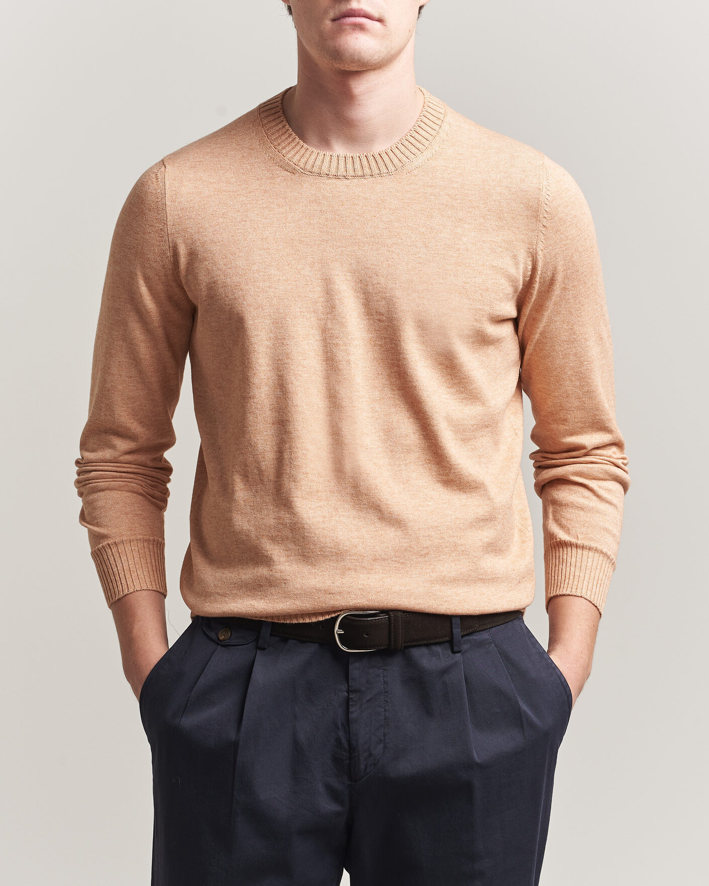 Herre | Trøjer | Gran Sasso | Cotton/Cashmere Knitted Crew Neck Sweater Apricot Orange Melange