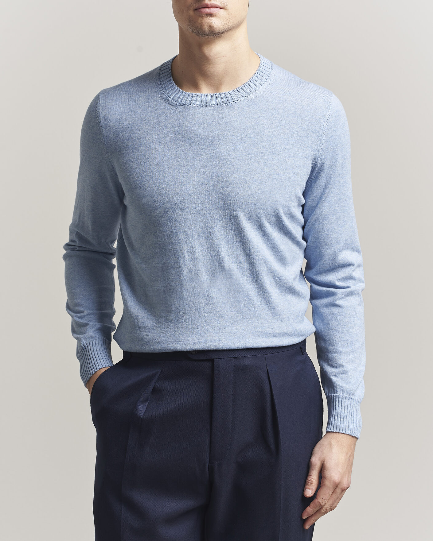 Herre | Trøjer | Gran Sasso | Cotton/Cashmere Knitted Crew Neck Sweater Blue Melange