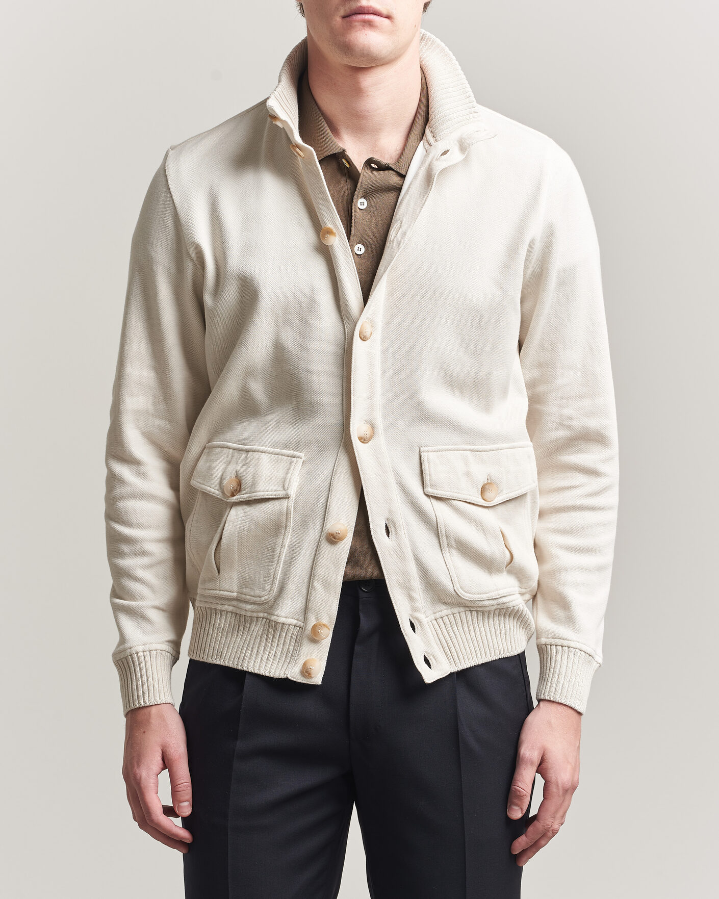 Herre | Jakker | Gran Sasso | Cotton Pocket Knitted Bomber Jacket Cream