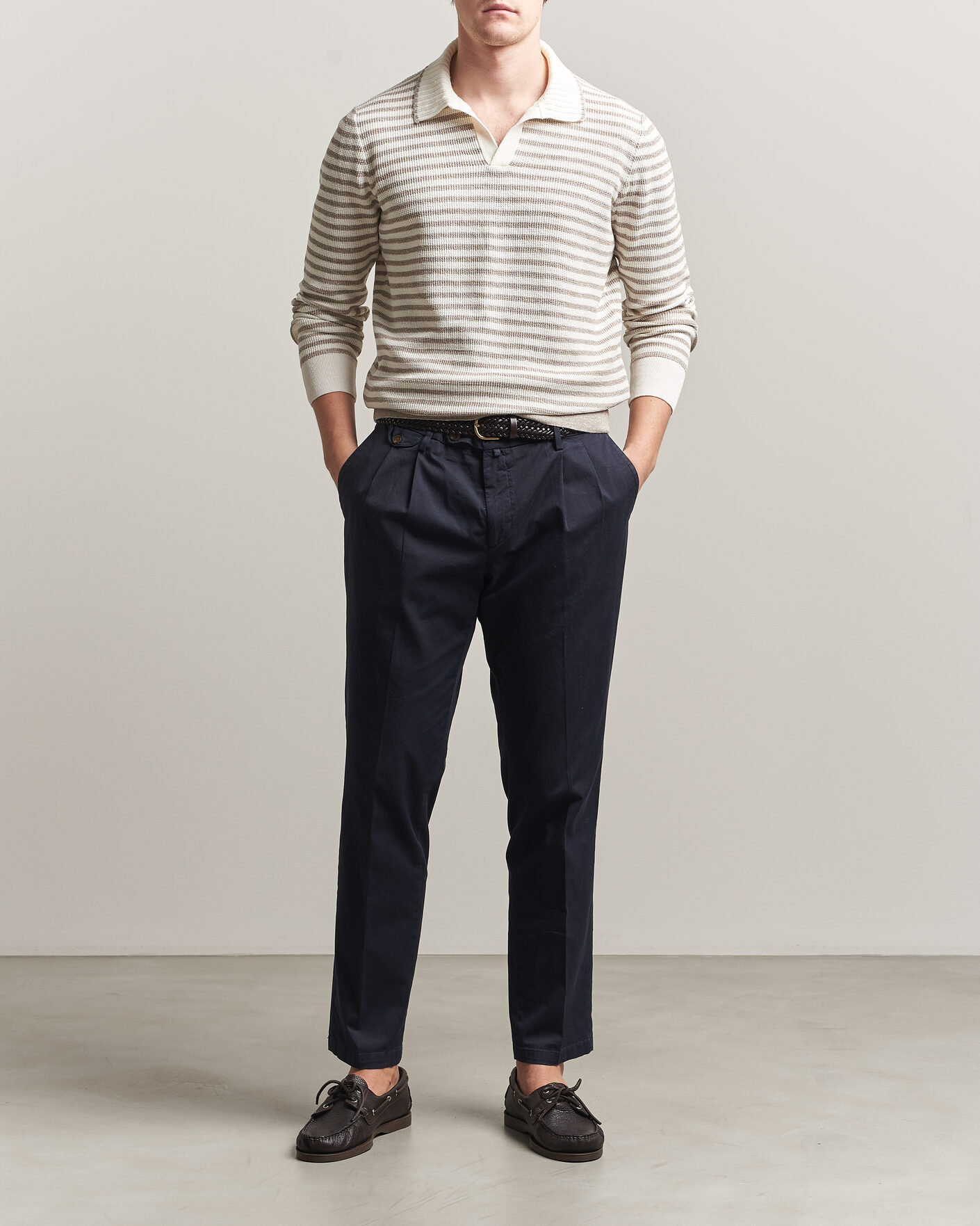 Herre | Trøjer | Gran Sasso | Linen/Cotton Knitted Striped Polo Beige/White