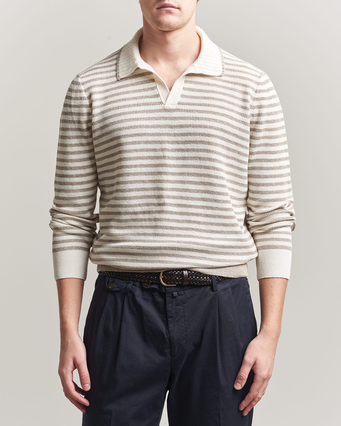 Herre | Trøjer | Gran Sasso | Linen/Cotton Knitted Striped Polo Beige/White