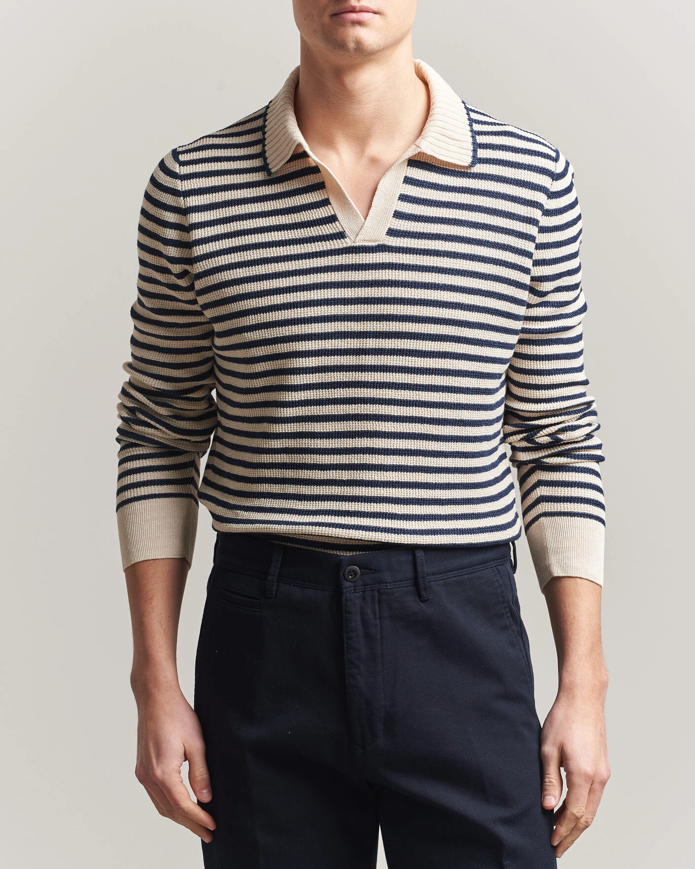 Herre | Trøjer | Gran Sasso | Linen/Cotton Knitted Striped Polo Navy/White