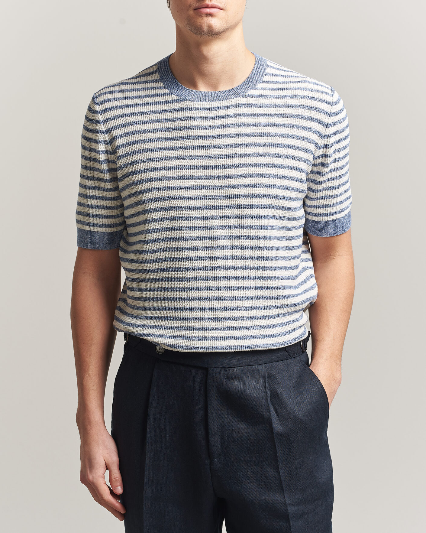 Herre | T-Shirts | Gran Sasso | Linen/Cotton Knitted Striped T-Shirt Blue/White