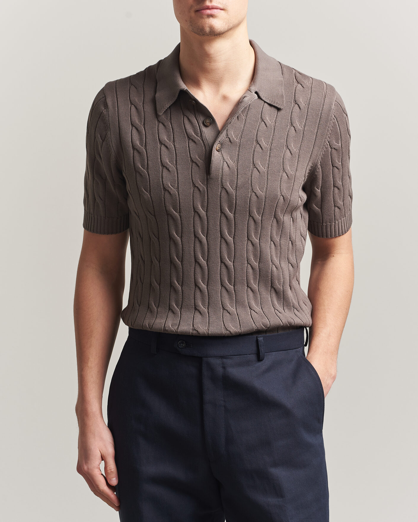Herre | Polotrøjer | Gran Sasso | Cotton Cable Knitted Polo Brown