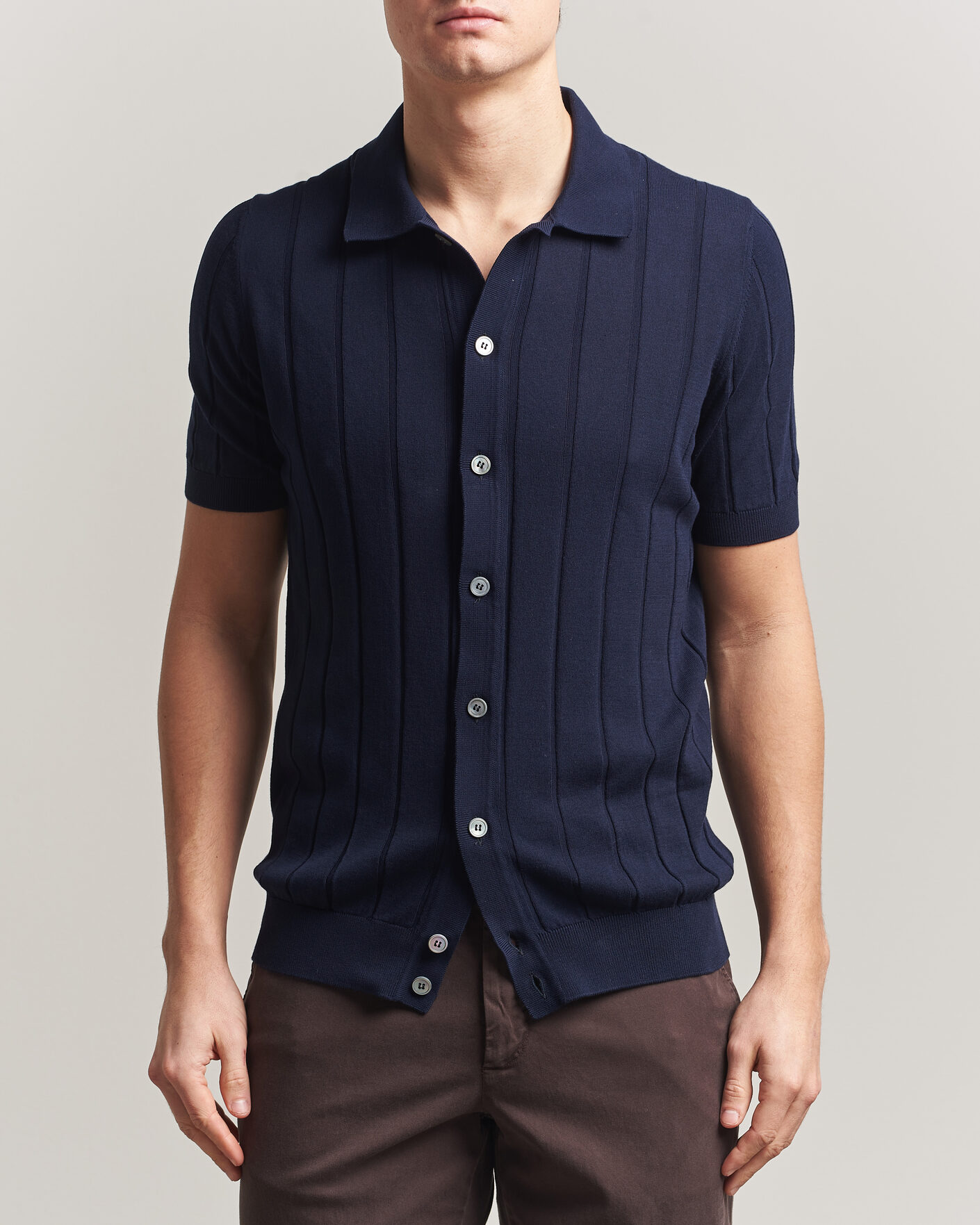 Herre | Skjorter | Gran Sasso | Cotton Ribbed Knitted Resort Shirt Navy