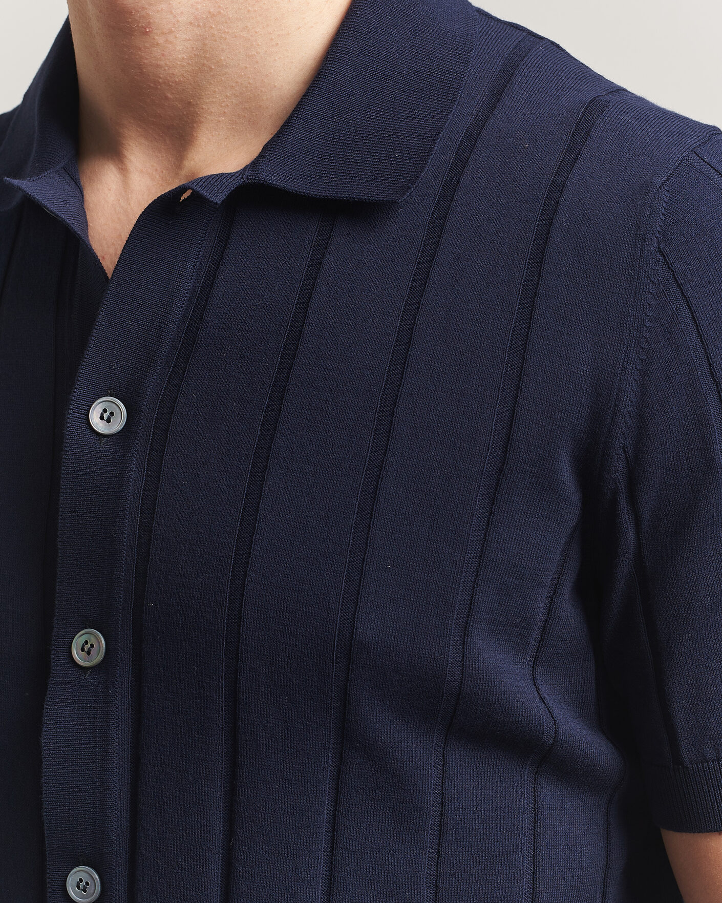Herre | Skjorter | Gran Sasso | Cotton Ribbed Knitted Resort Shirt Navy