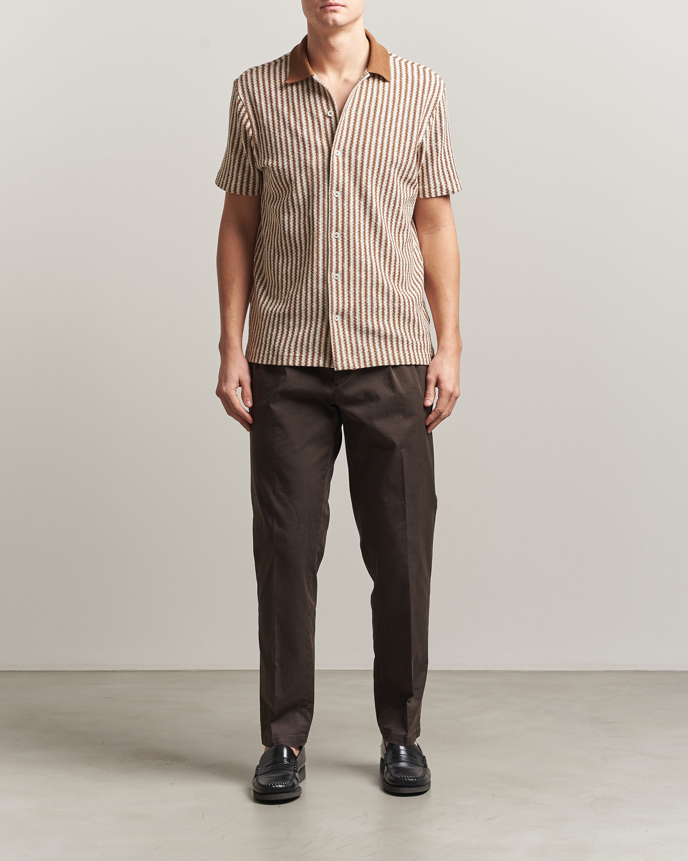 Herre | Skjorter | Gran Sasso | Cotton Knitted Striped Resort Shirt Brown/White