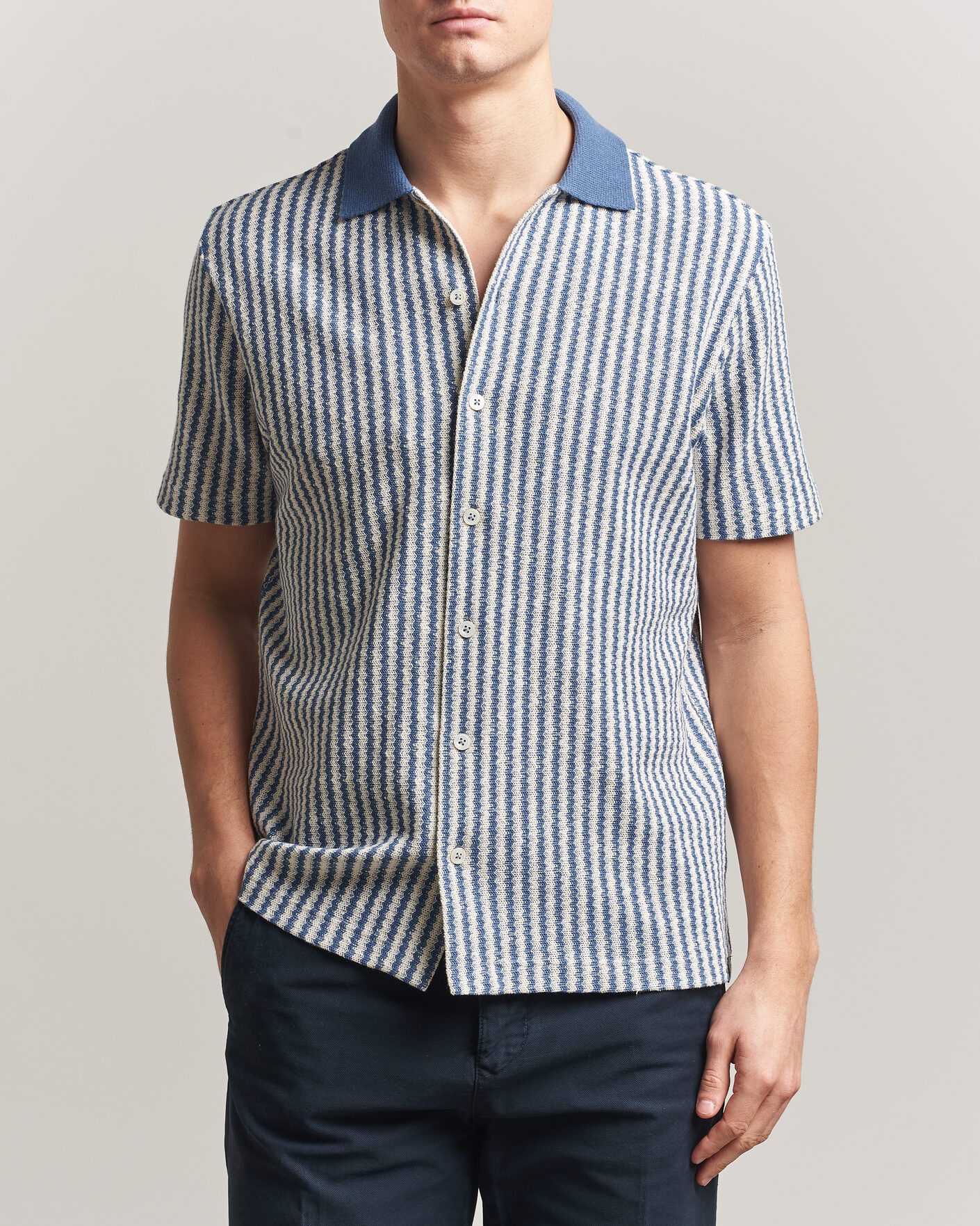 Herre | Skjorter | Gran Sasso | Cotton Knitted Striped Resort Shirt Blue/white