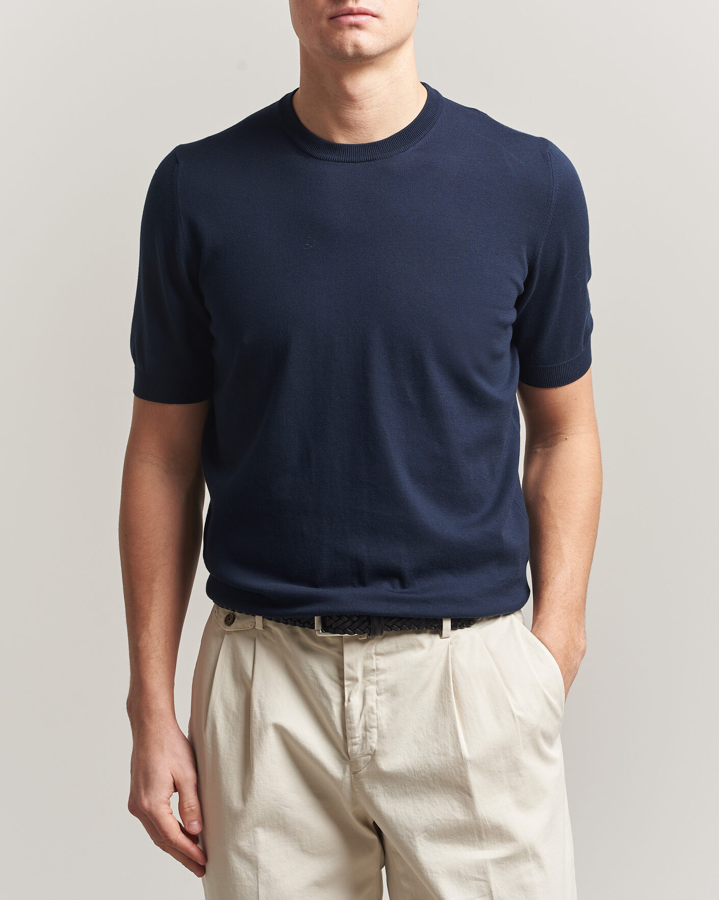 Herre | T-Shirts | Gran Sasso | Cotton Knitted Crew Neck T-Shirt Navy
