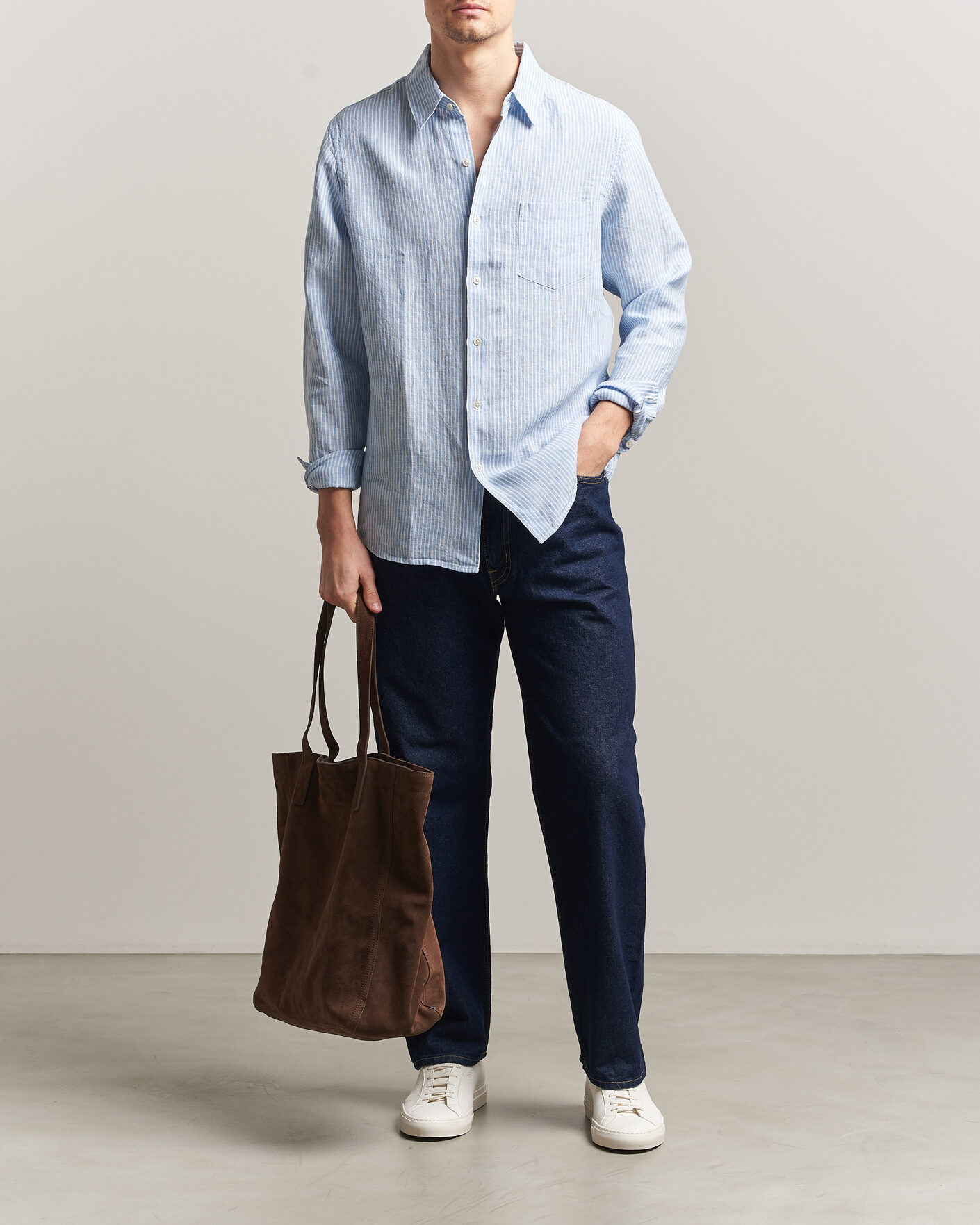 Herre | Skjorter | A Day's March | Daintree Striped Linen Shirt Light Blue/White