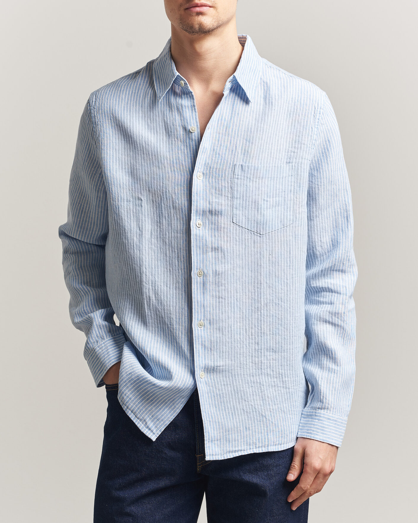 Herre | Skjorter | A Day's March | Daintree Striped Linen Shirt Light Blue/White