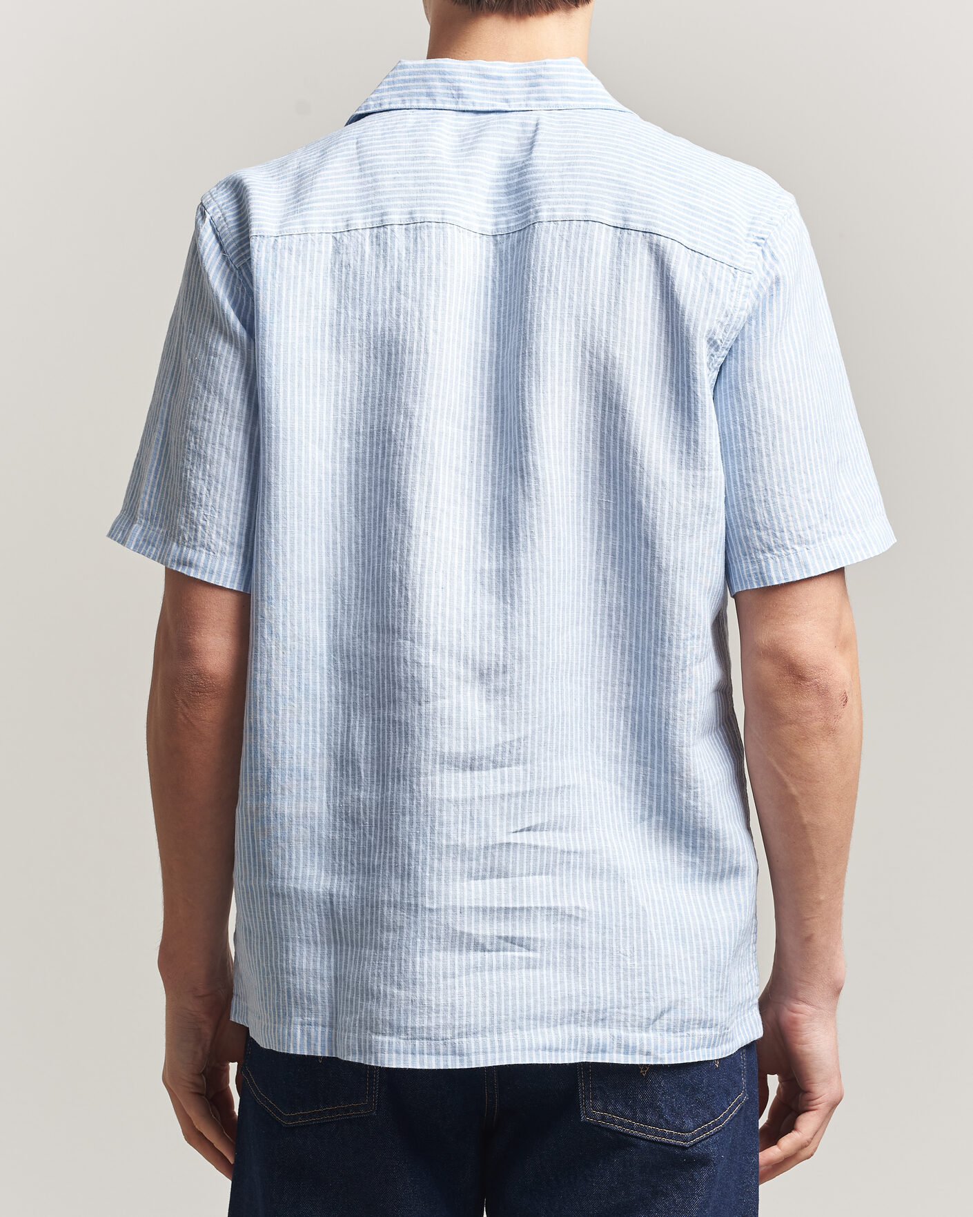 Herre | Skjorter | A Day's March | Yamu Striped Linen Short Sleeve Shirt Light Blue