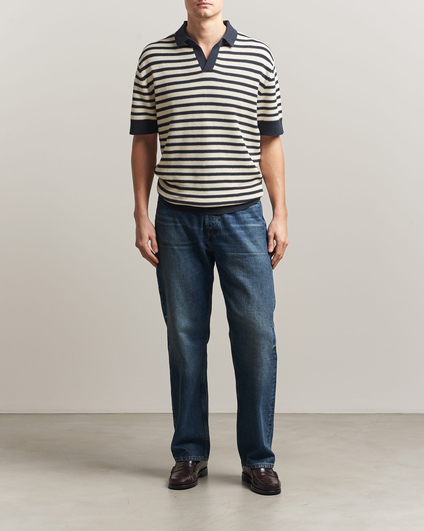 Herre | Polotrøjer | A Day's March | Jeremy Striped Knitted Polo Off White/Navy