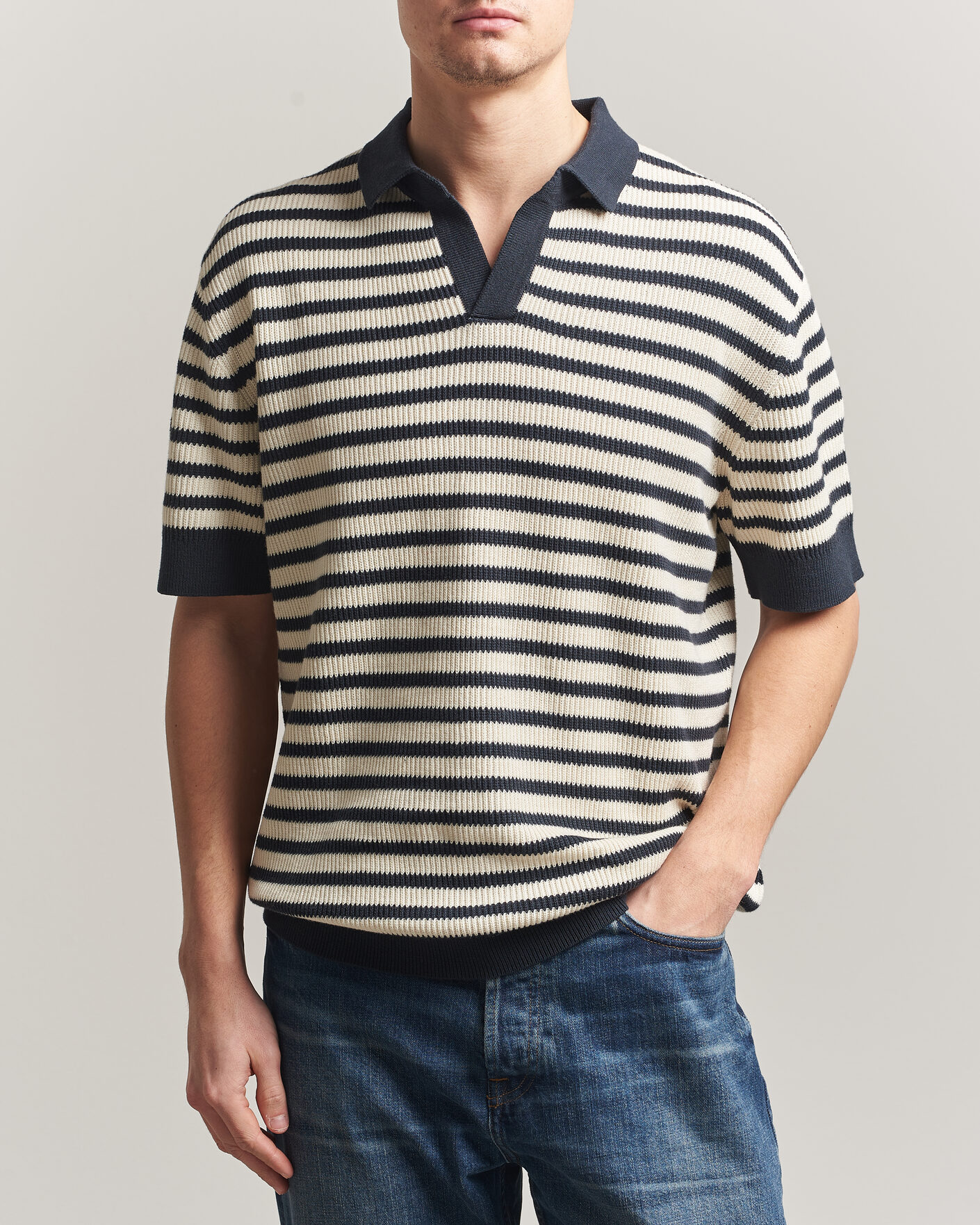 Herre | Polotrøjer | A Day's March | Jeremy Striped Knitted Polo Off White/Navy