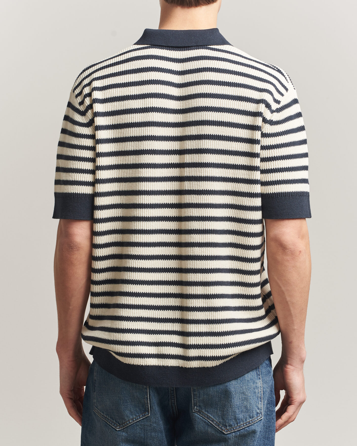 Herre | Polotrøjer | A Day's March | Jeremy Striped Knitted Polo Off White/Navy