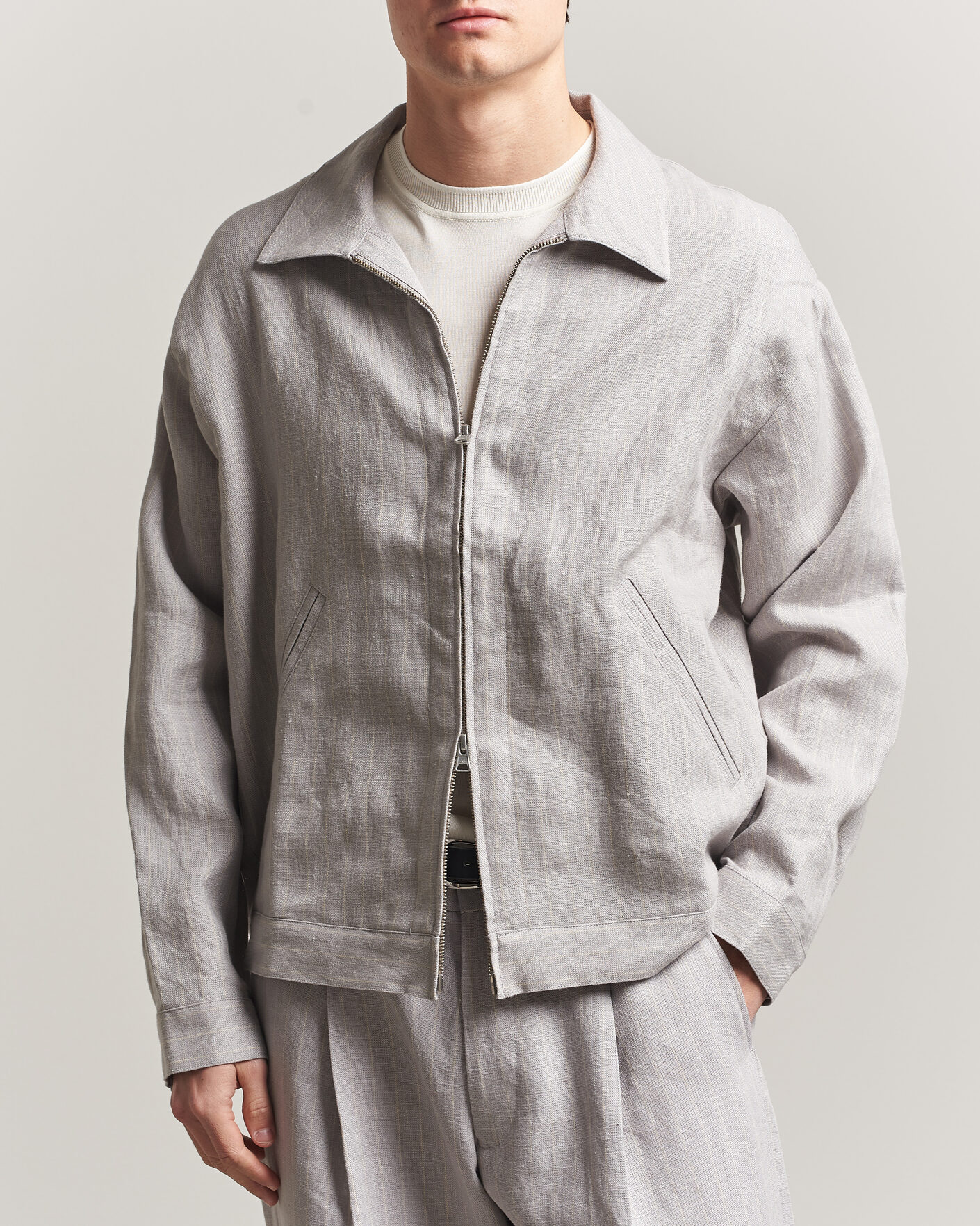 Herre | Skjorter | NN07 | Petrus Pinstriped Linen Full Zip Overshirt Grey
