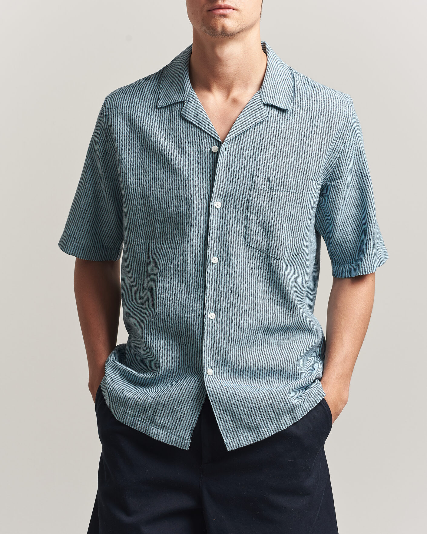 Herre | Skjorter | Samsøe Samsøe | Oscar Linen/Cotton Striped Short Sleeve Shirt Tourmaline