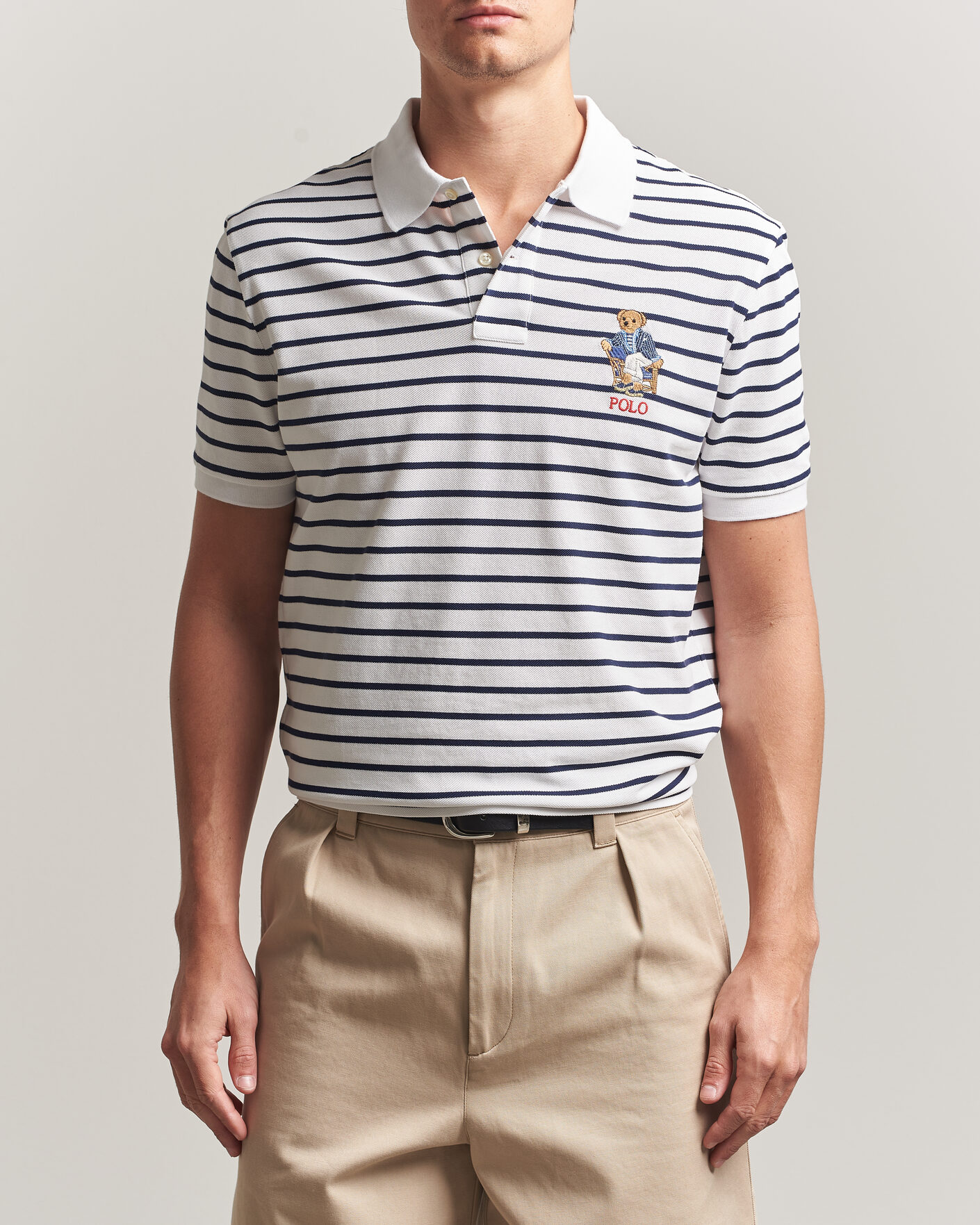 Herre | Polotrøjer | Polo Ralph Lauren | Newport Bear Striped Custom Slim Polo White/Navy