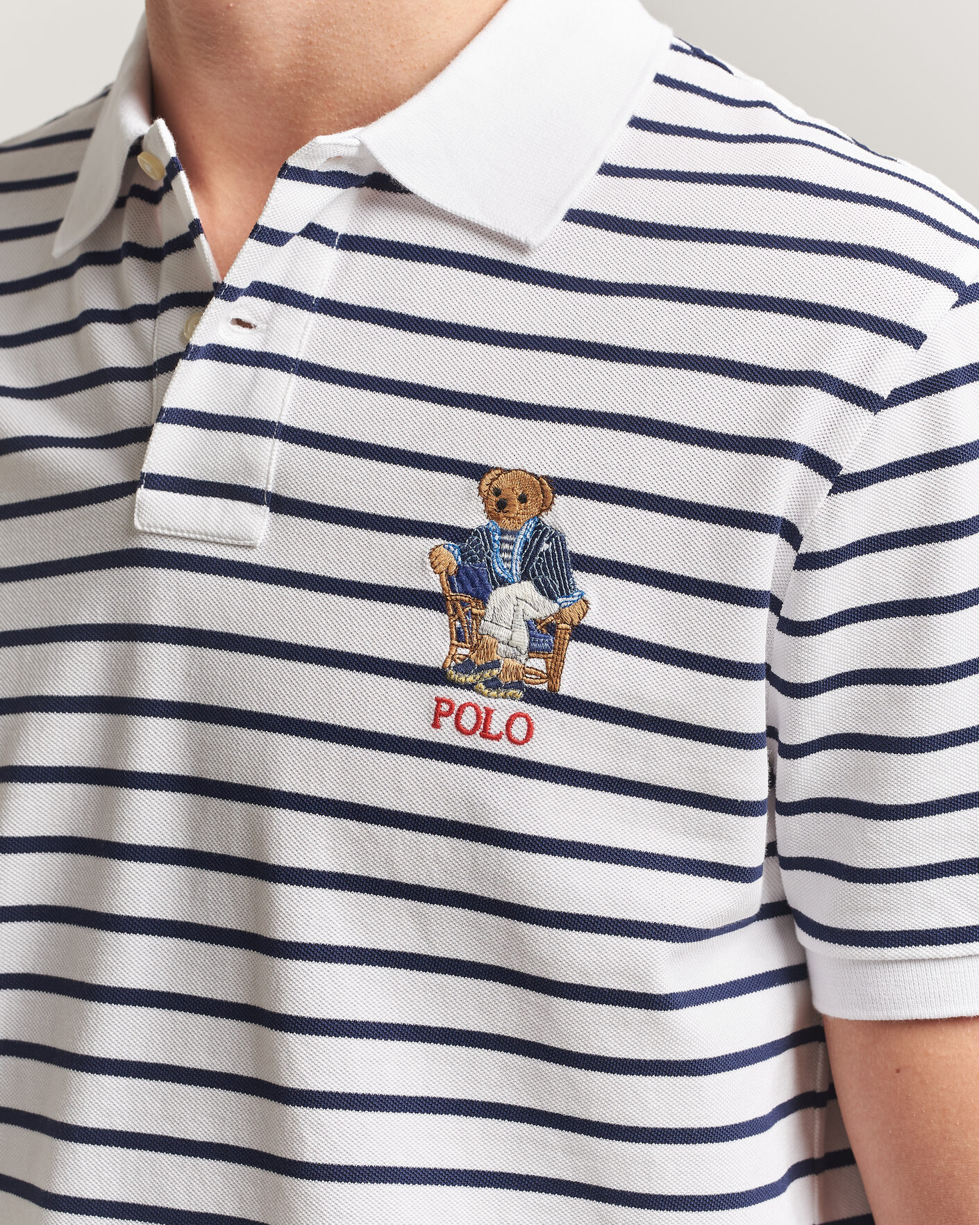 Herre | Polotrøjer | Polo Ralph Lauren | Newport Bear Striped Custom Slim Polo White/Navy
