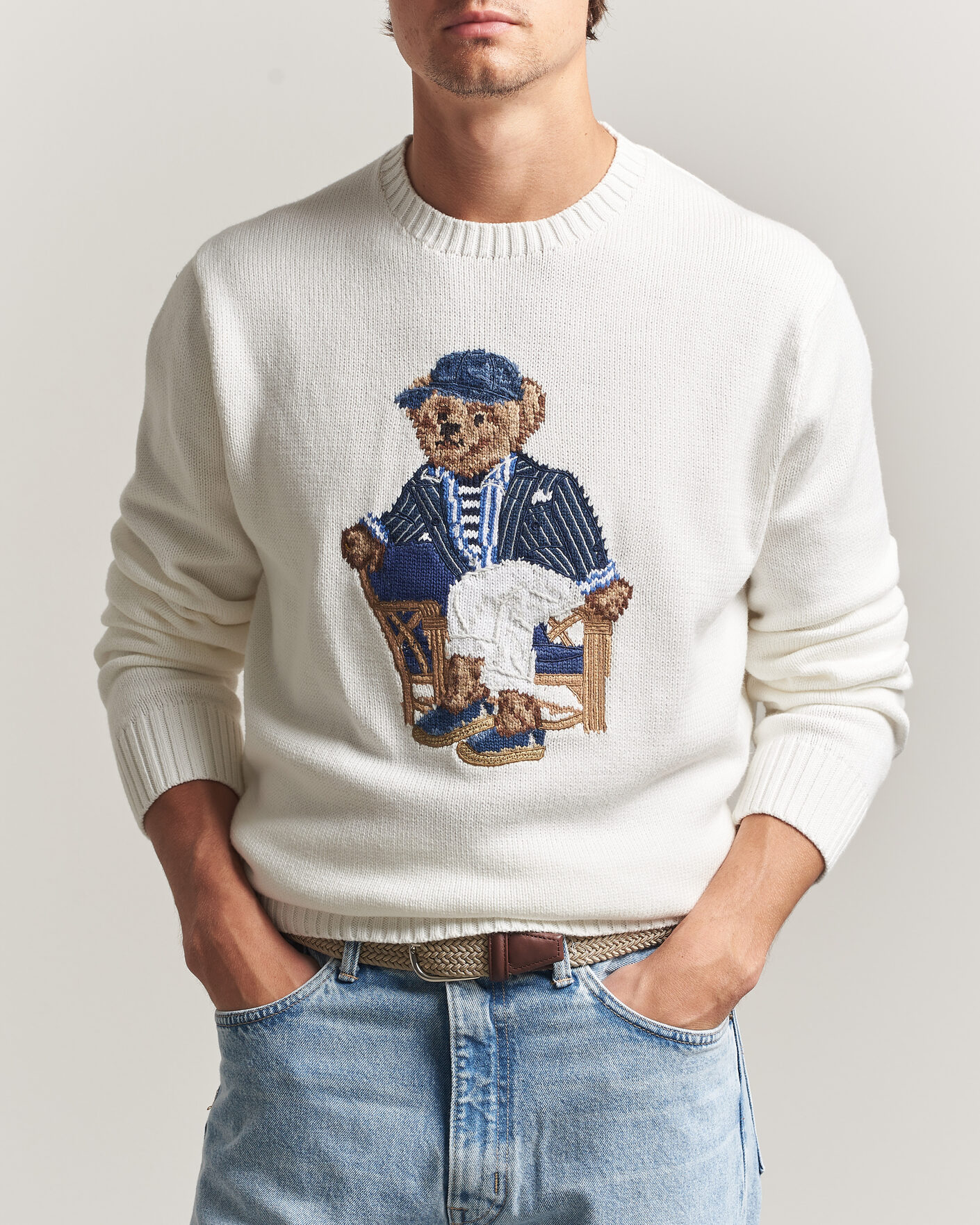 Herre | Trøjer | Polo Ralph Lauren | Newport Bear Cotton/Linen Sweater Deckwash White